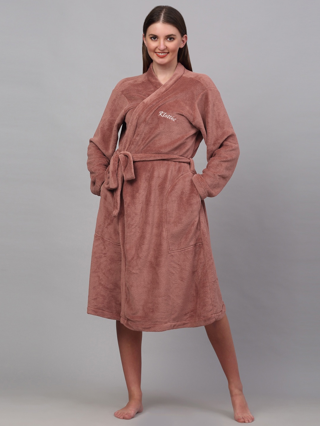 

KLOTTHE Women Solid Woolen Bath Robe With Belt, Rust