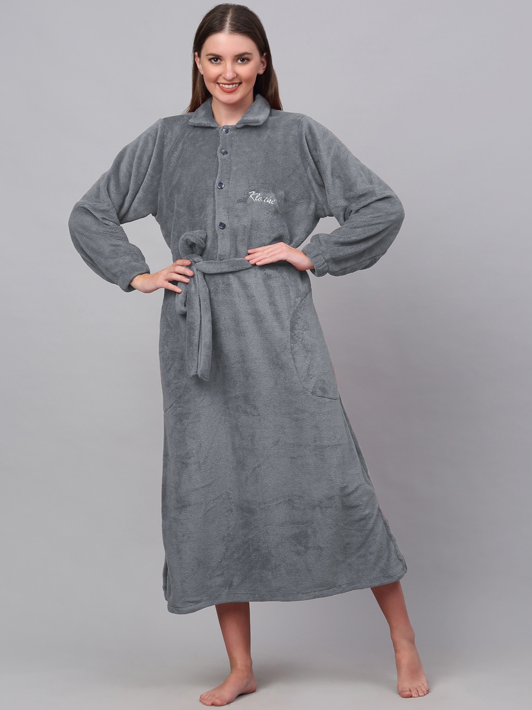 

KLOTTHE Women Woolen Bath Robe With Belt, Grey