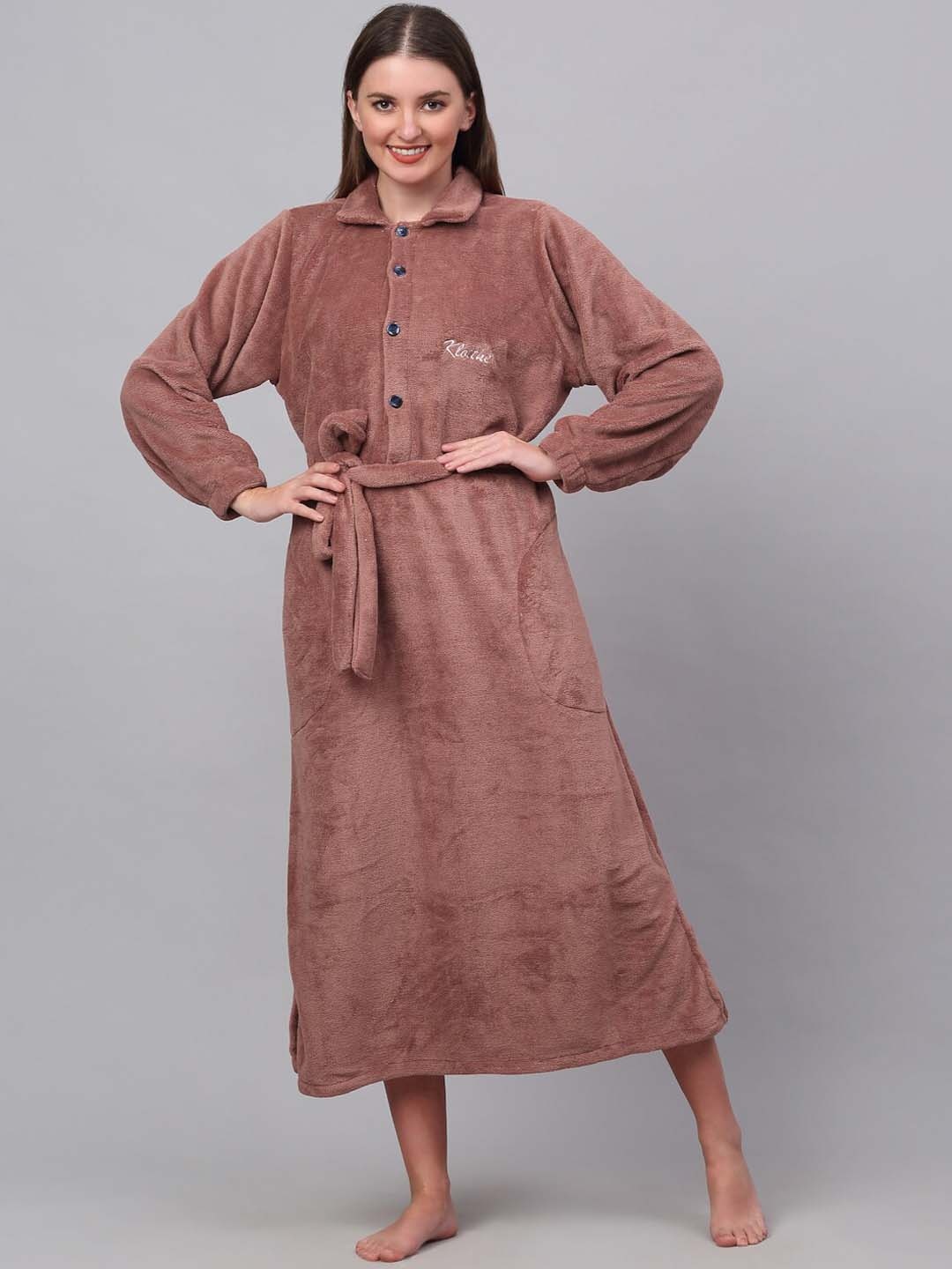 

KLOTTHE Women Rust Brown Solid Woolen Bath Robe With Belt