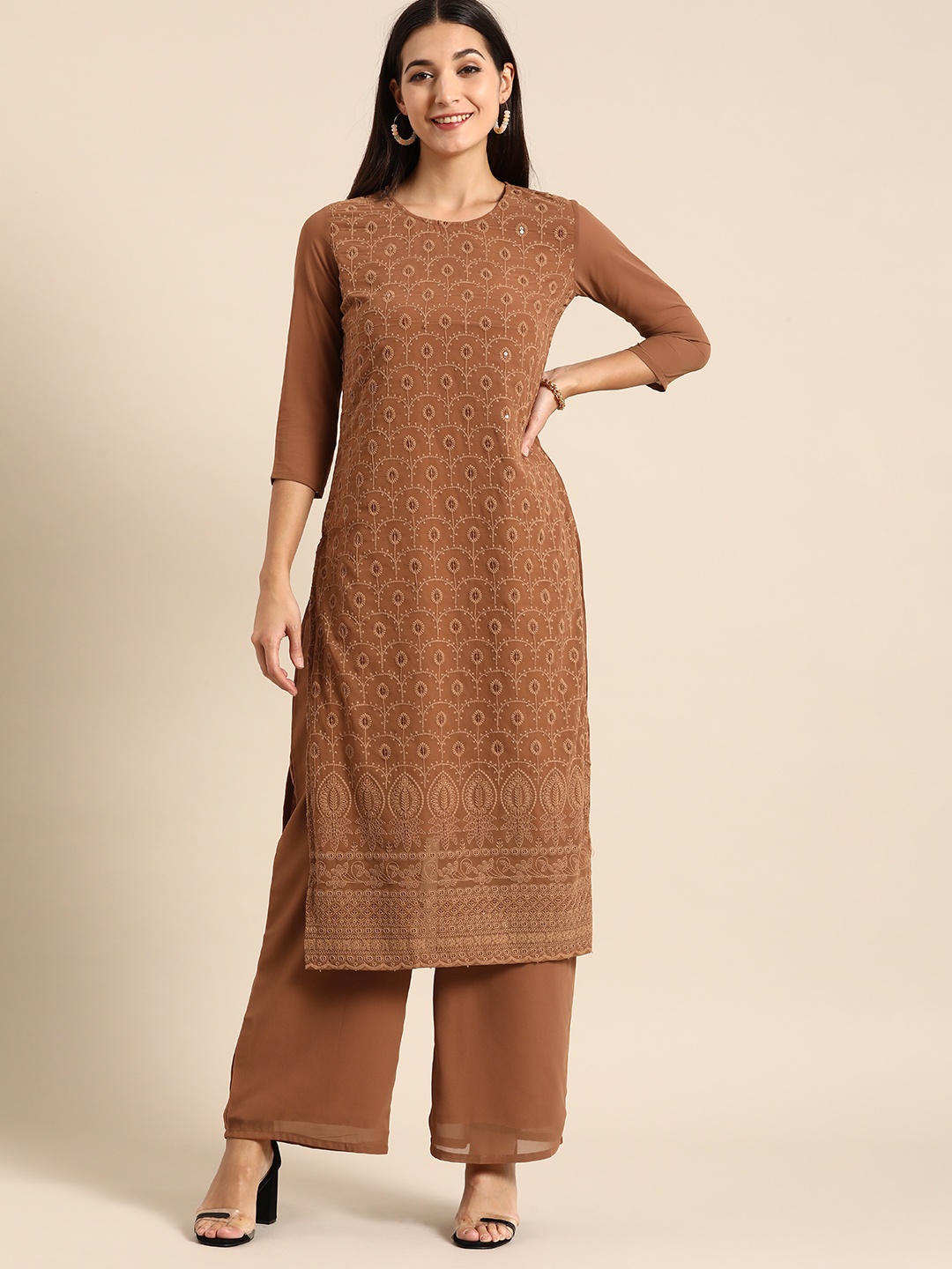 

all about you Women Brown Ethnic Motifs Embroidered Chikankari Kurta with Palazzos