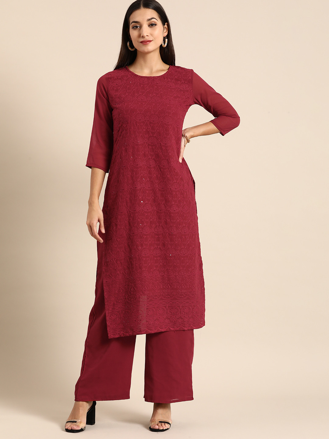 

all about you Women Maroon Ethnic Motifs Embroidered Chikankari Kurta with Palazzos