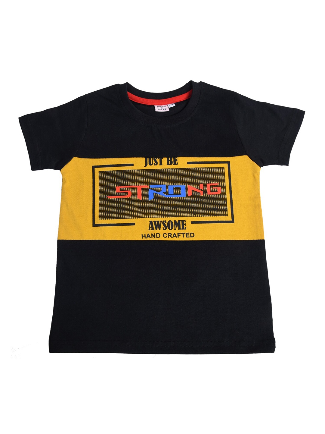 

POMY & JINNY Boys Black Printed V-Neck Applique Slim Fit T-shirt