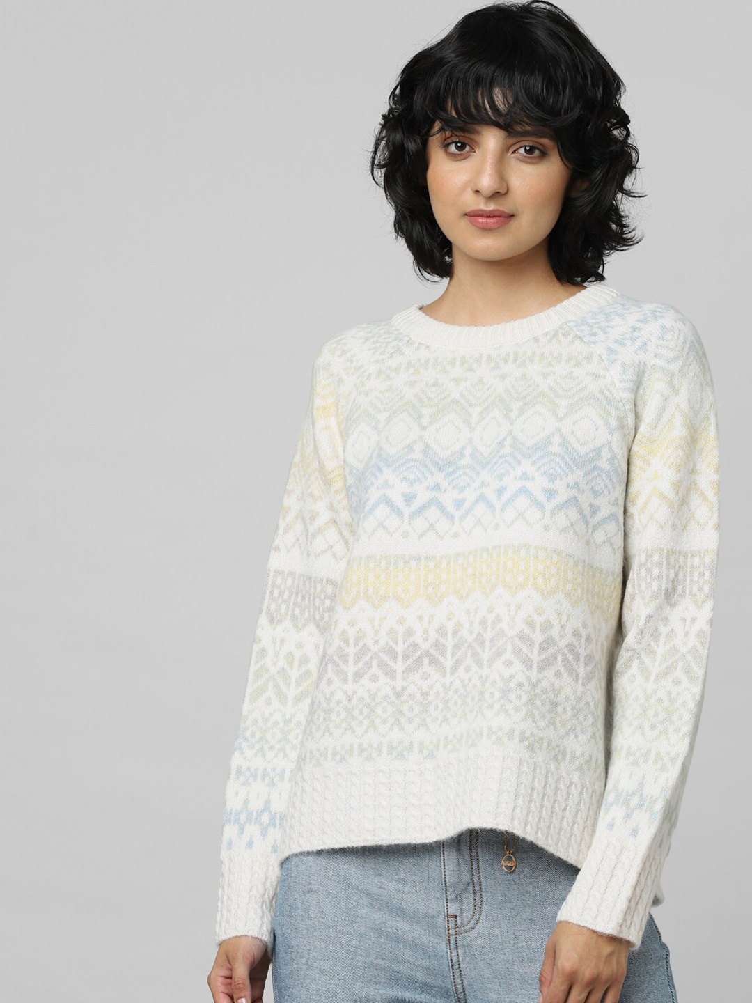 

ONLY Women White & Blue Printed Pullover