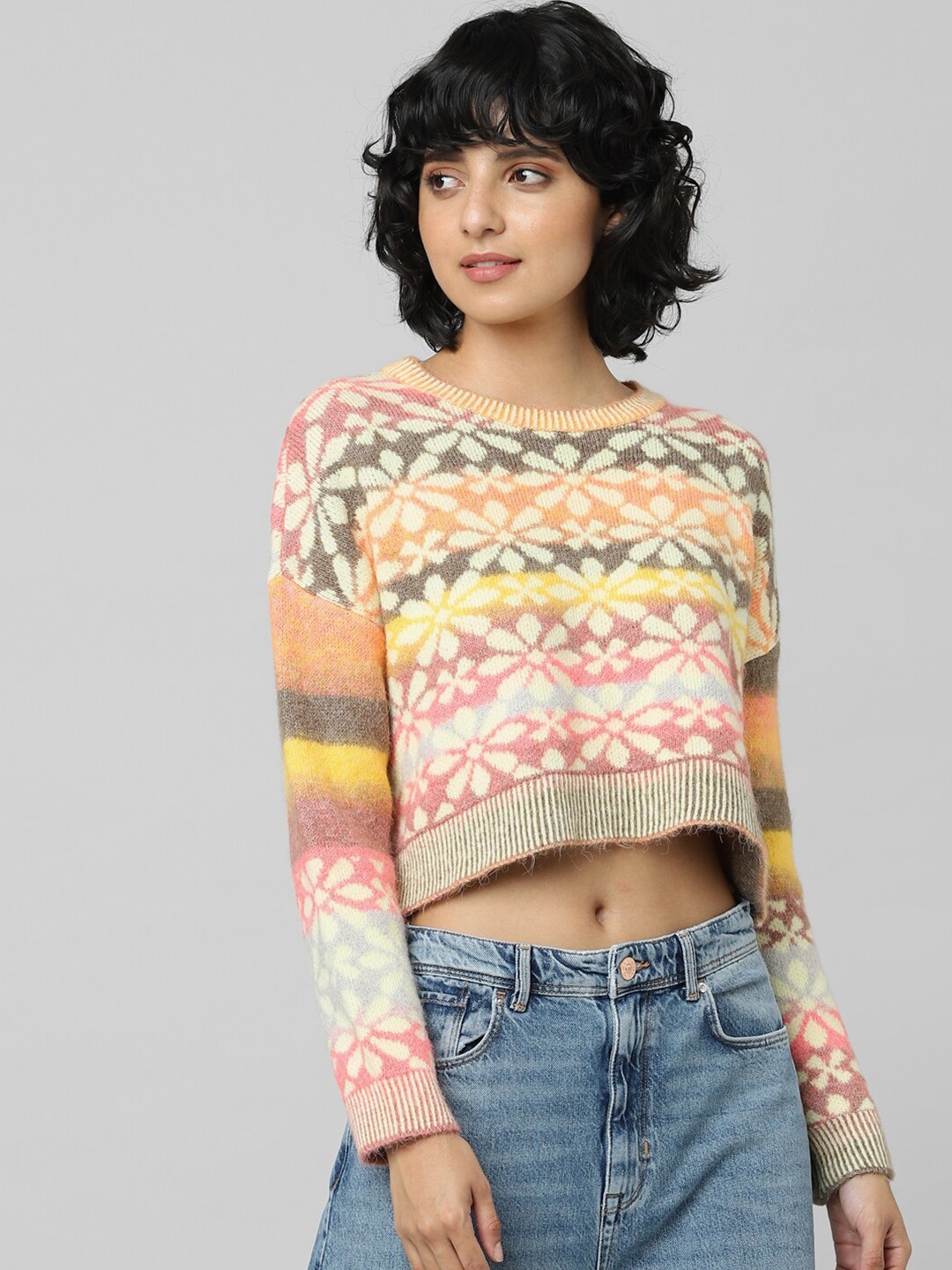 

ONLY Women Pink & White Floral Crop Pullover