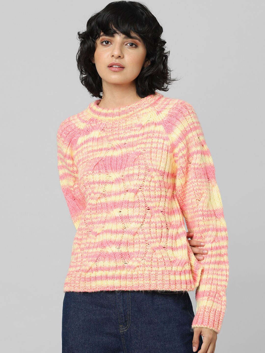 

ONLY Women Pink & Yellow Self-Design Pullover