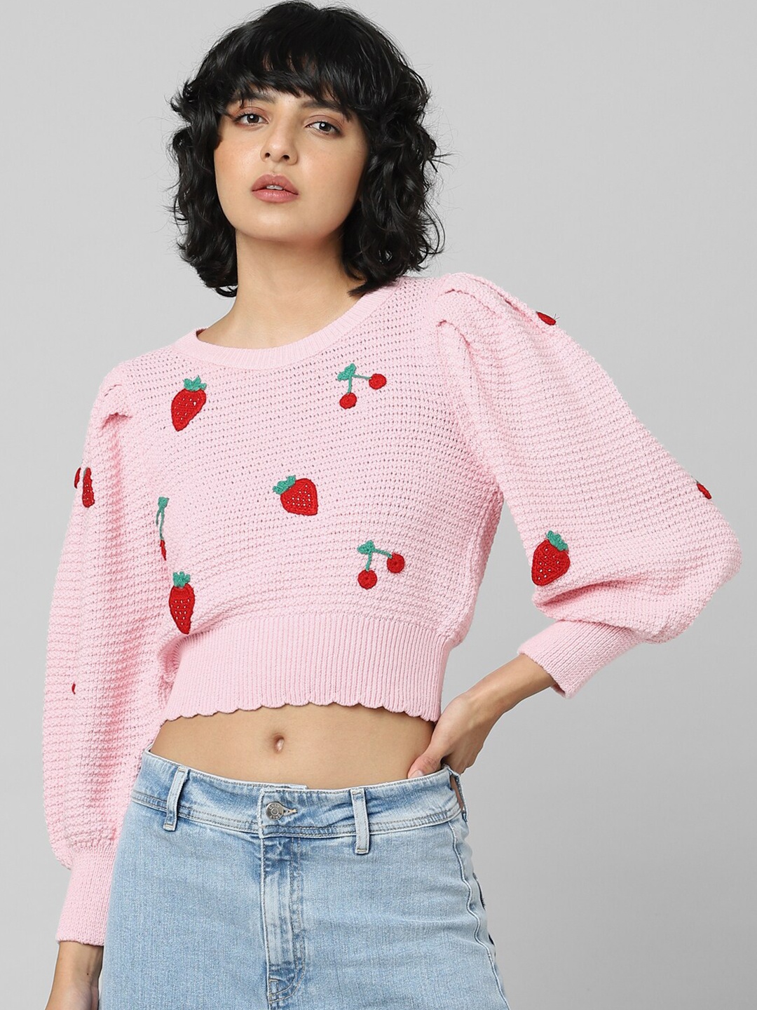 

ONLY Women Pink & Red Embroidered Crop Pullover