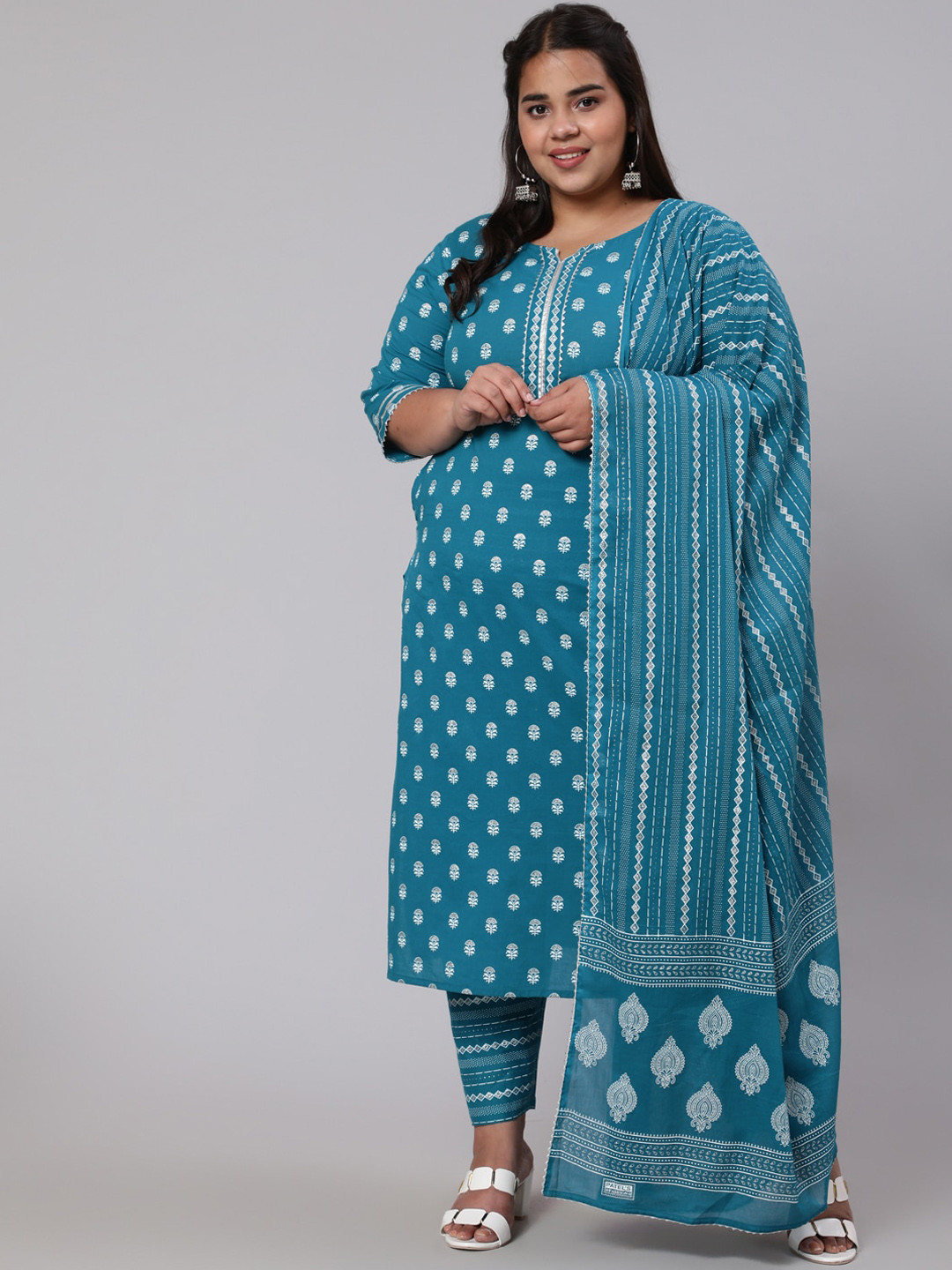 

Nayo Plus Size Women Blue Floral Printed Pure Cotton Kurta with Trousers & With Dupatta