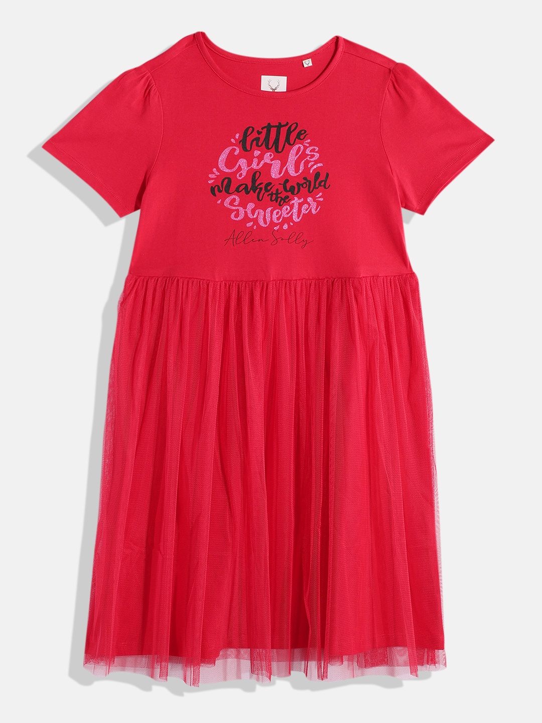 

Allen Solly Junior Girls Typography Printed Pure Cotton Fit & Flare Dress, Red