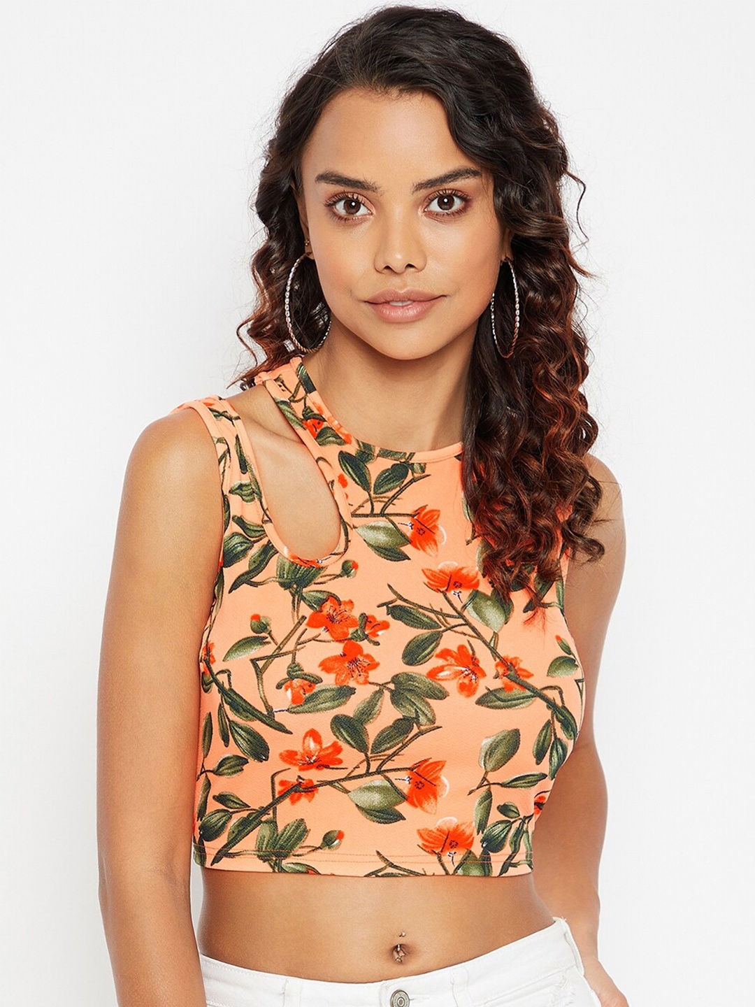 

Uptownie Lite Floral Print Stretchable High Neck Cut-Out Crop Top, Orange