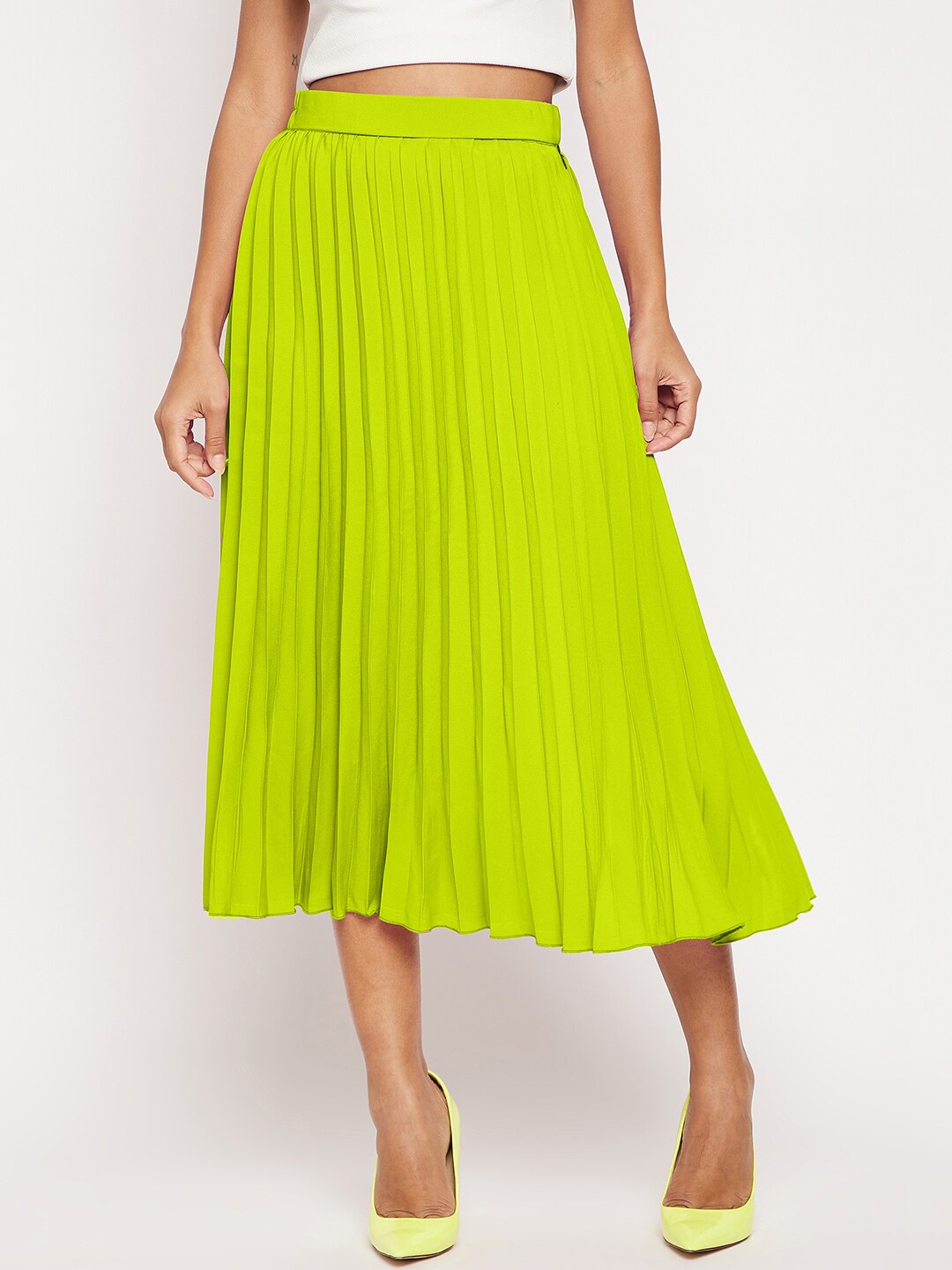 

Uptownie Lite Women Solid Flared Pleated Midi Skirt, Lime green