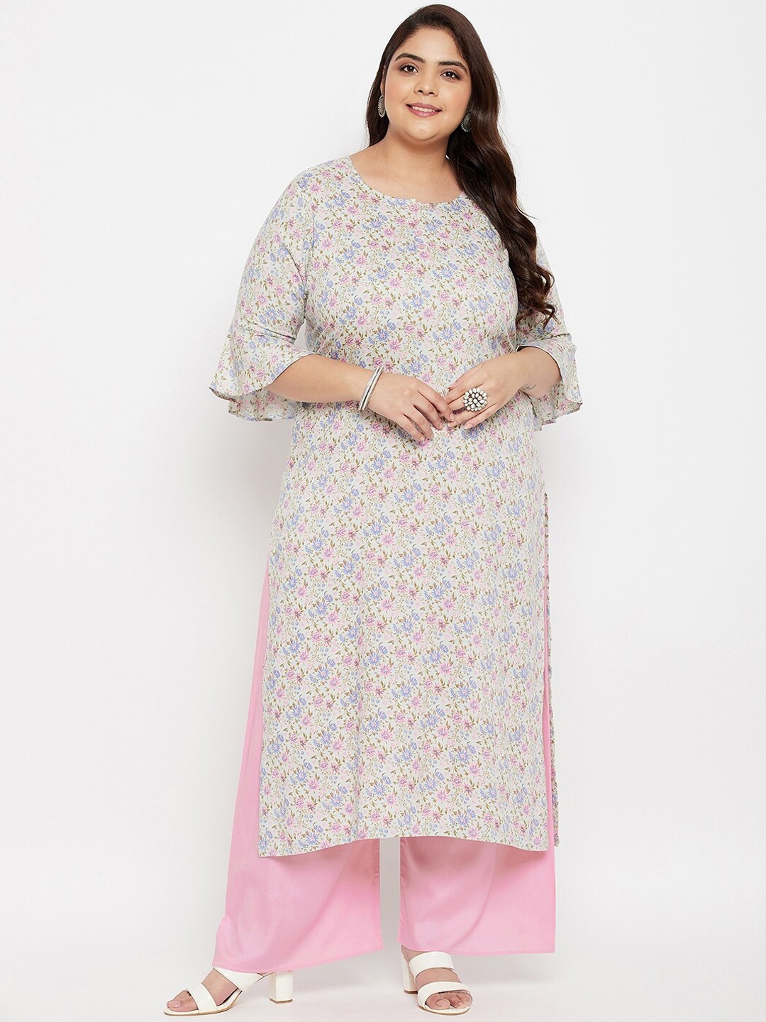 

Tissu Women Off White Floral Printed Kurta with Palazzos