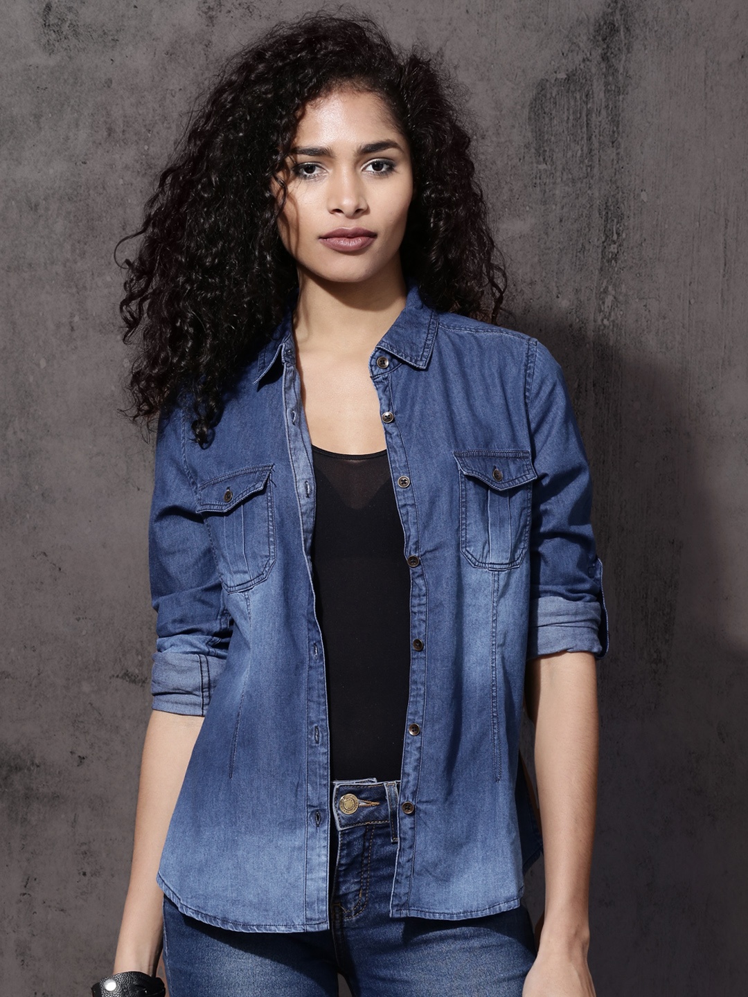 

Roadster Women Blue Regular Fit Faded Casual Shirt