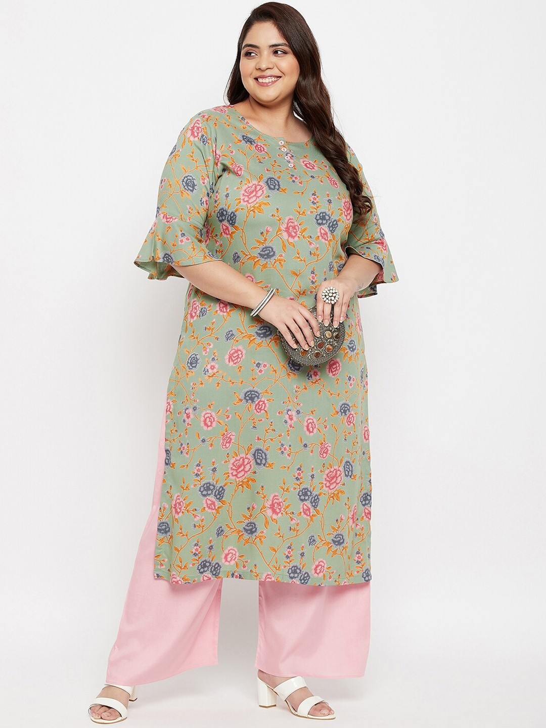 

Tissu Women Green Floral Printed Kurta with Palazzos