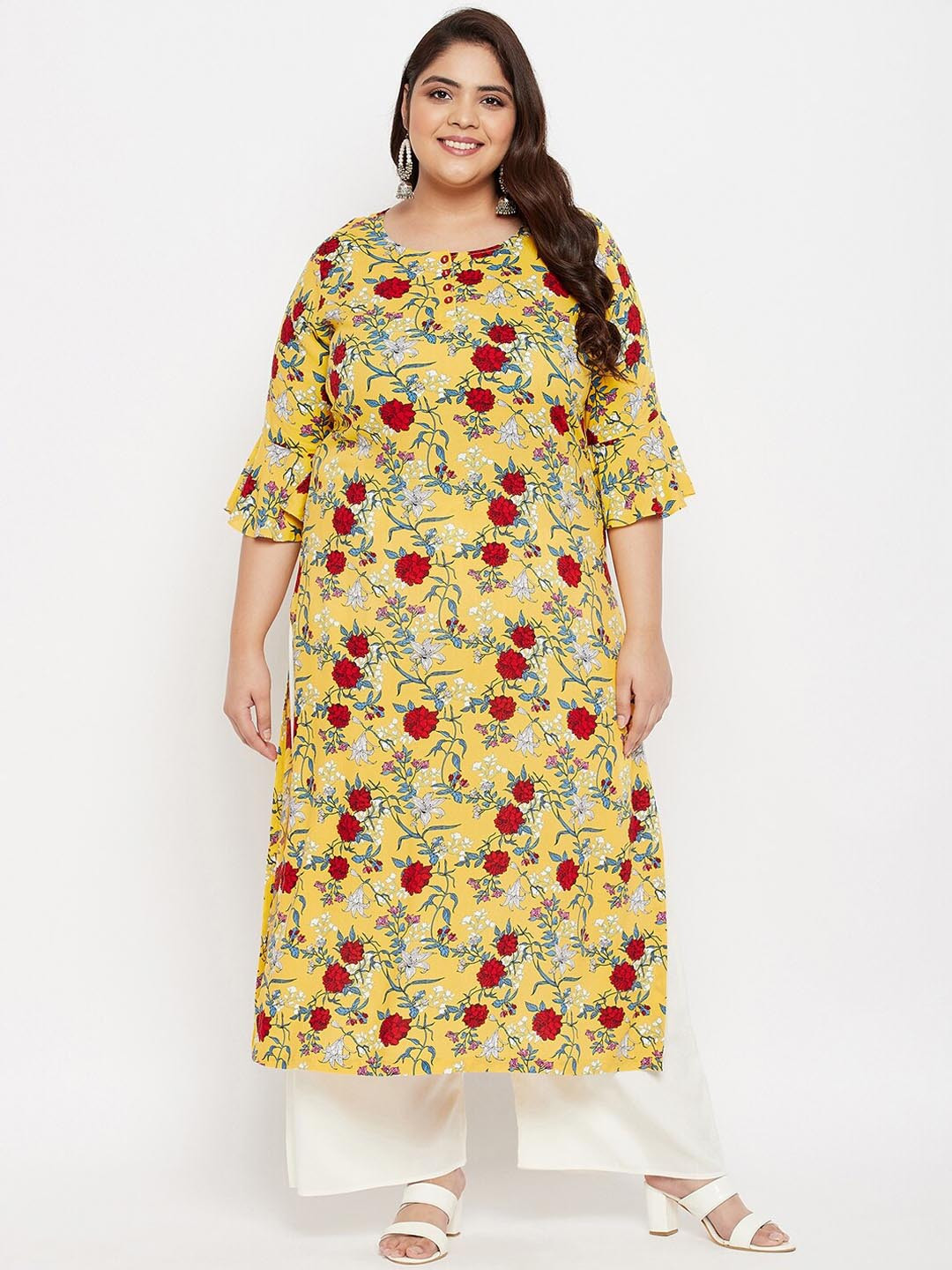 

Tissu Women Yellow Floral Printed Kurta with Palazzos