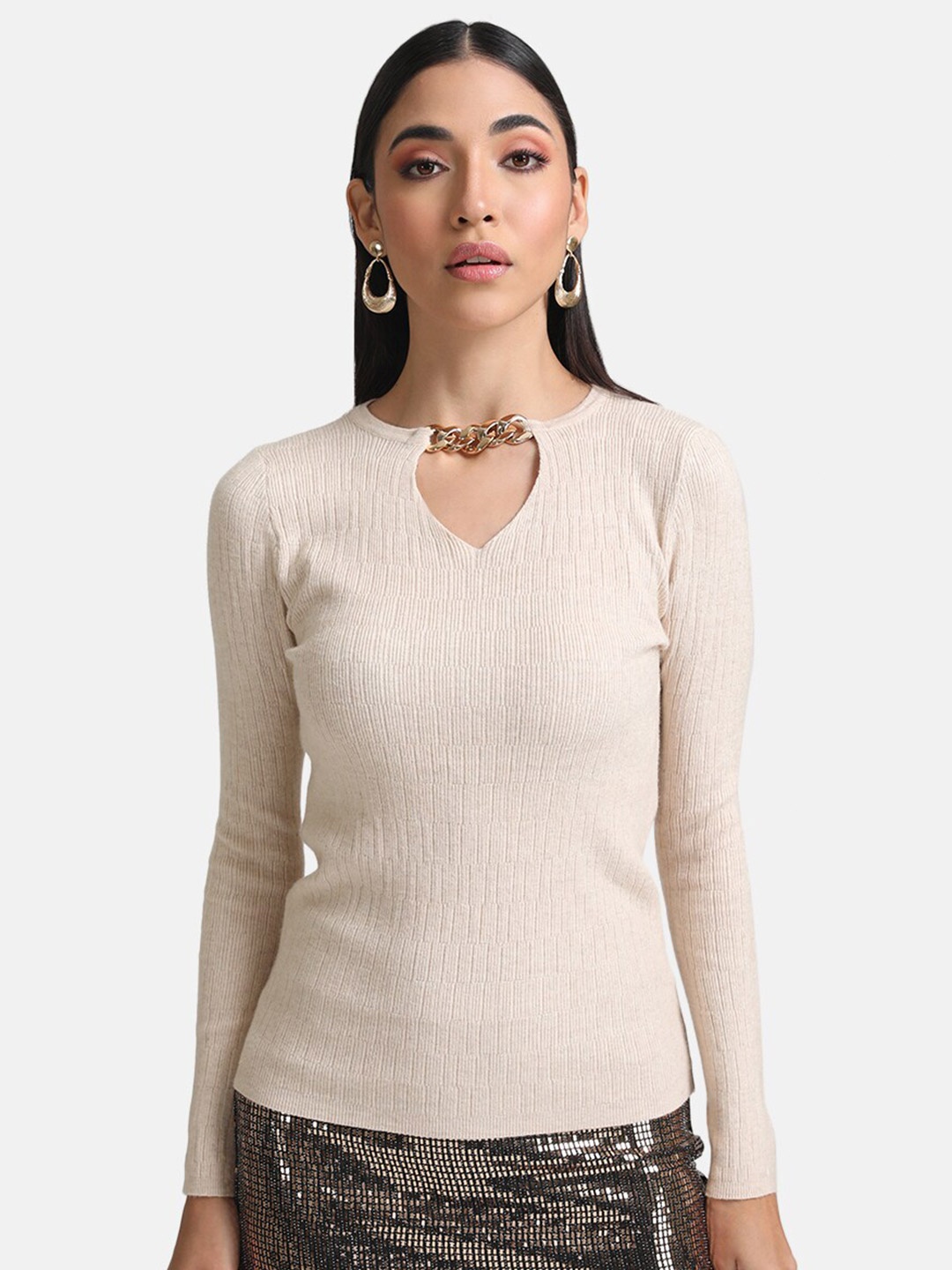 

Kazo Women Beige Ribbed Pullover