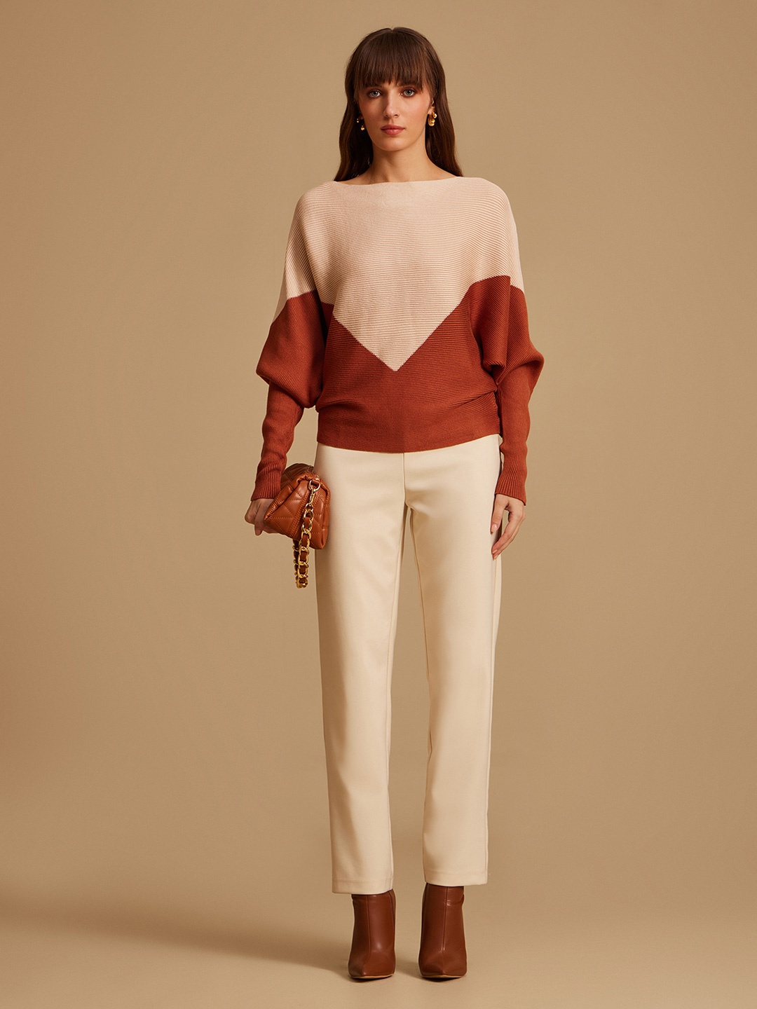 

Kazo Women Brown & Peach-Coloured Colourblocked Pullover