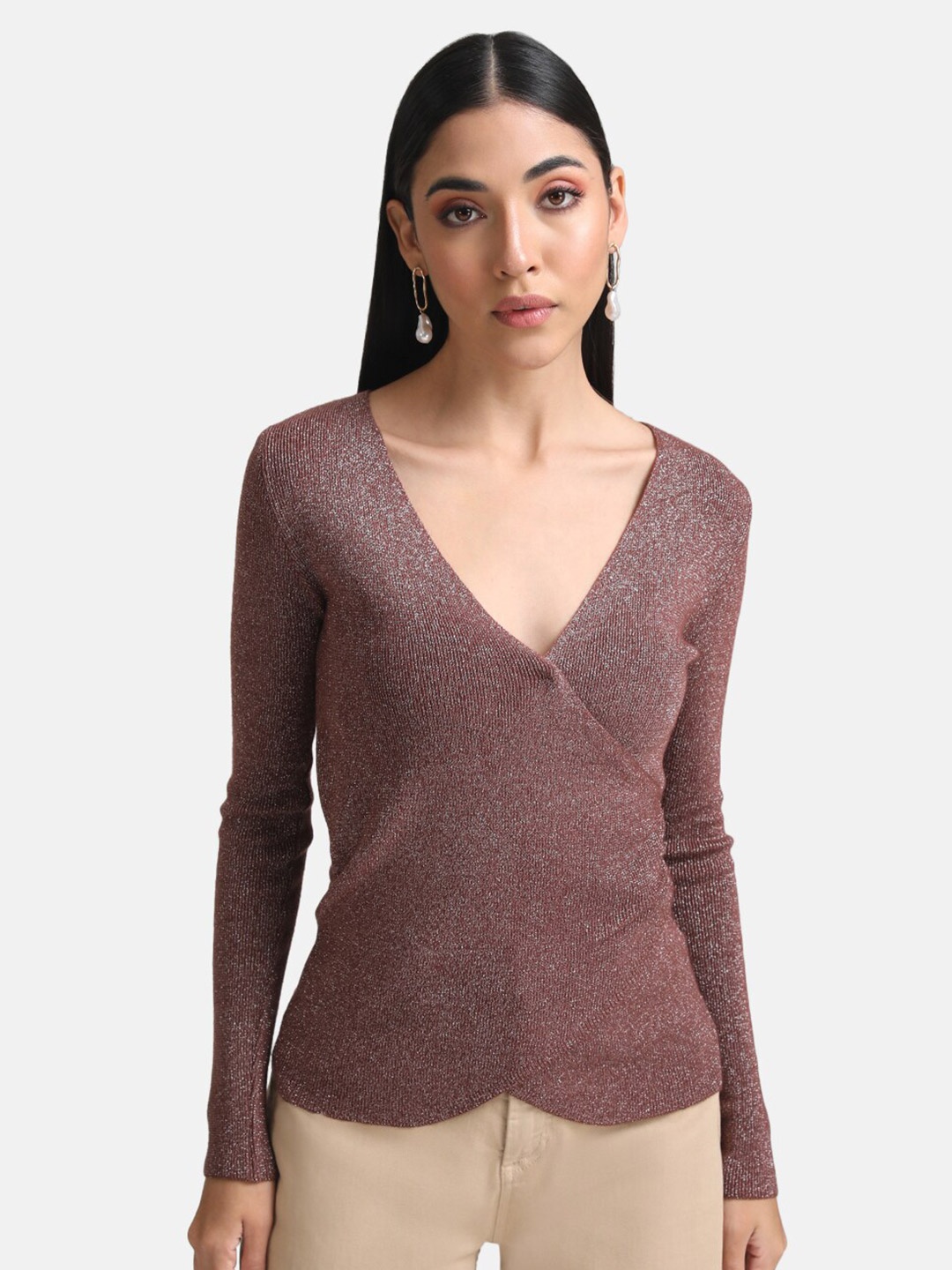 

Kazo Women Brown Ribbed Pullover