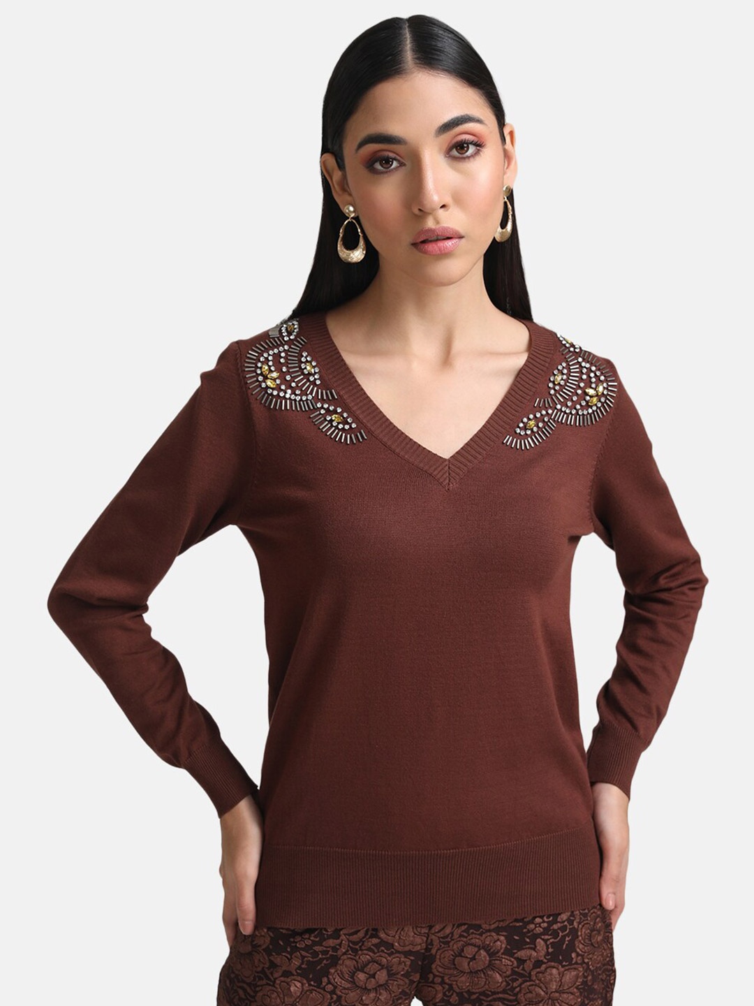 

Kazo Women Brown Embroidered Pullover