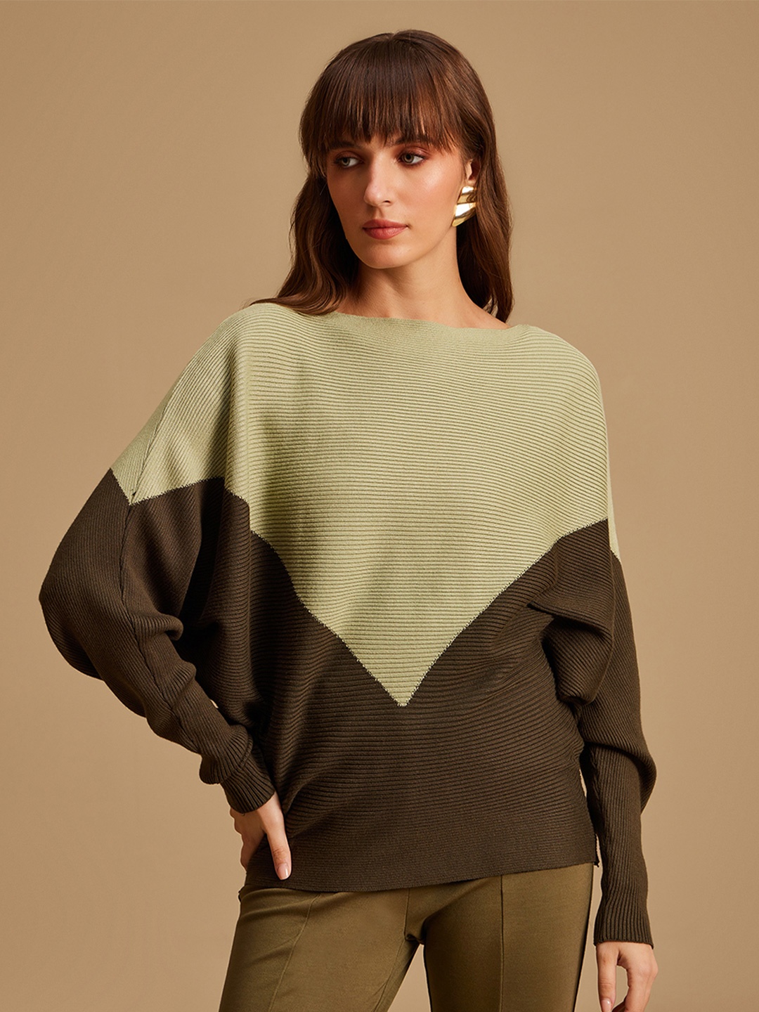 

Kazo Women Green Colourblocked Pullover