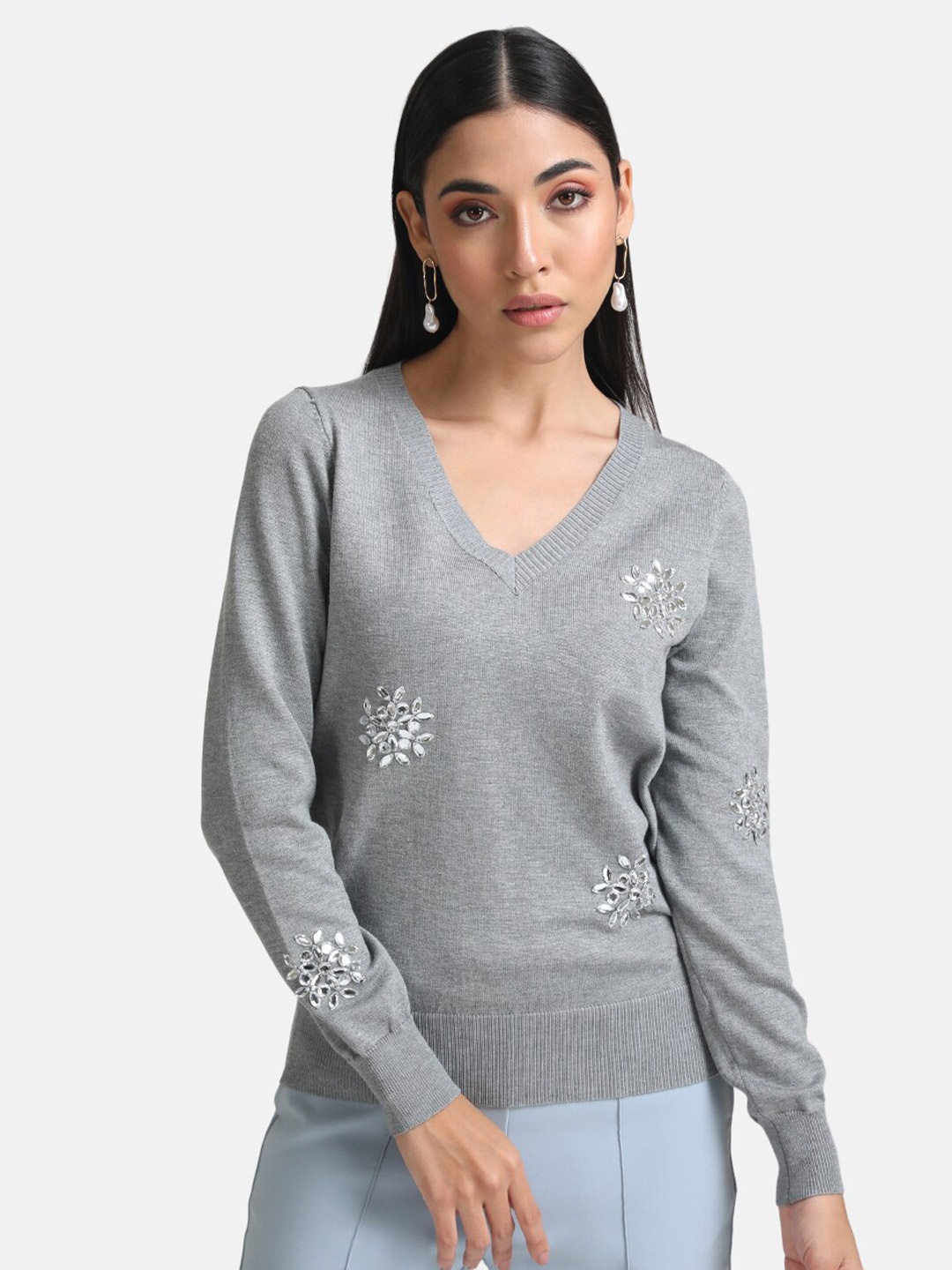 

Kazo Women Grey Embroidered Pullover