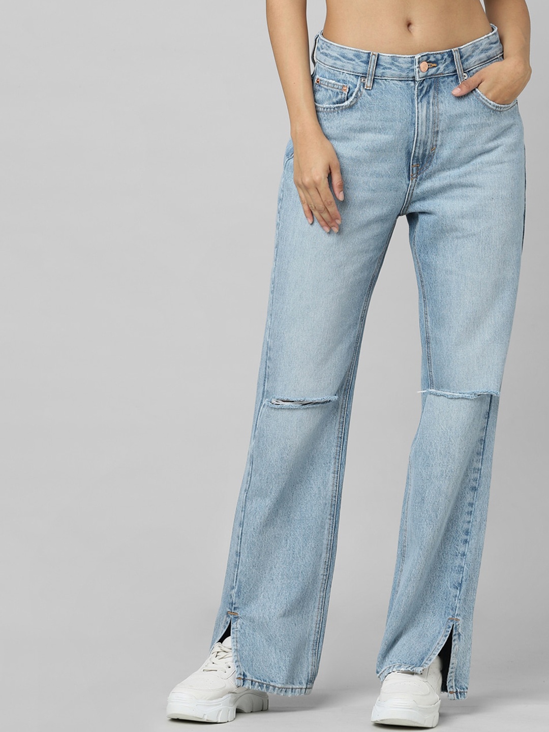 

ONLY Women Blue Straight Fit High-Rise Slash Knee Jeans