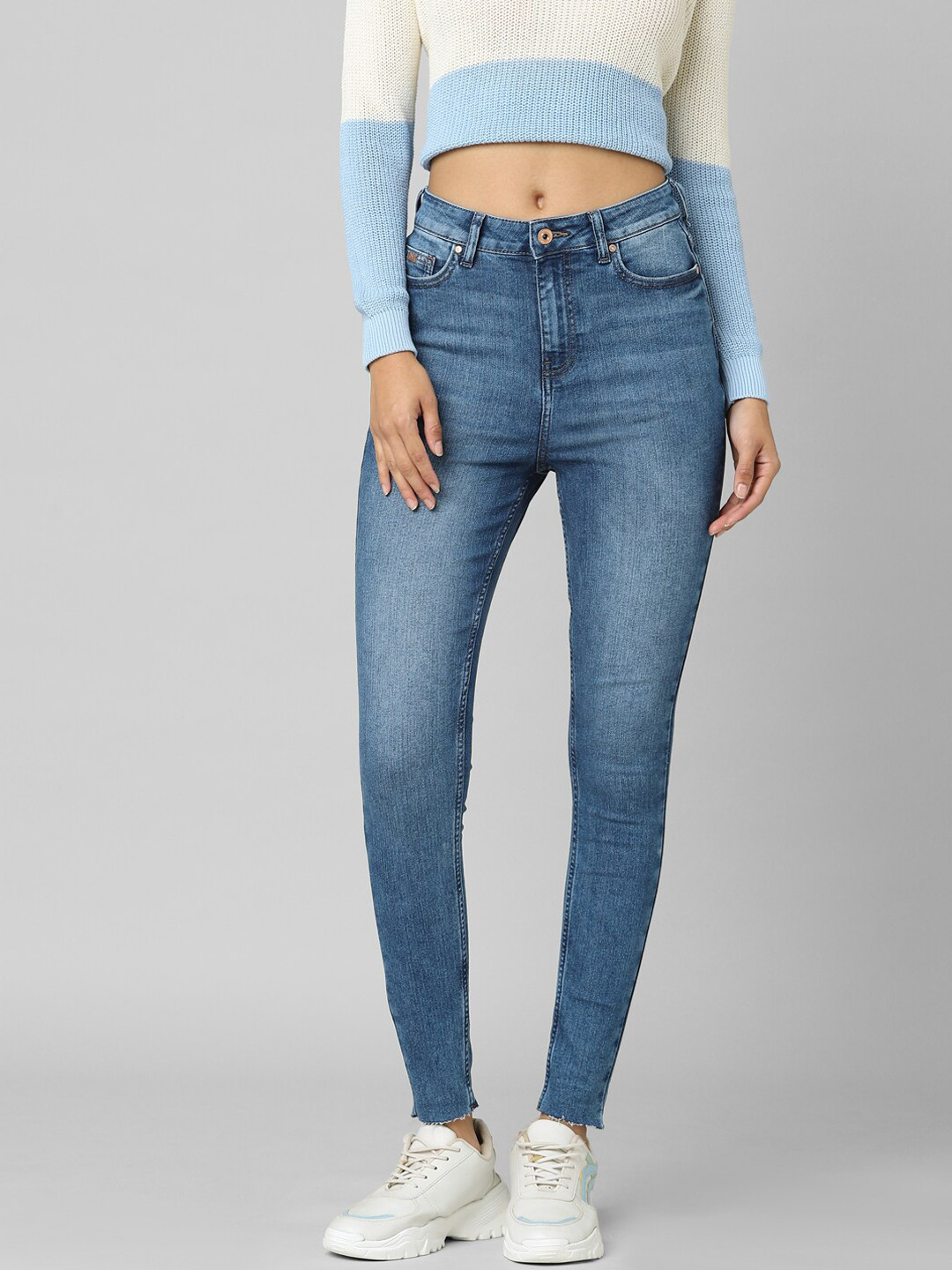 

ONLY Women Blue Skinny Fit High-Rise Low Distress Jeans