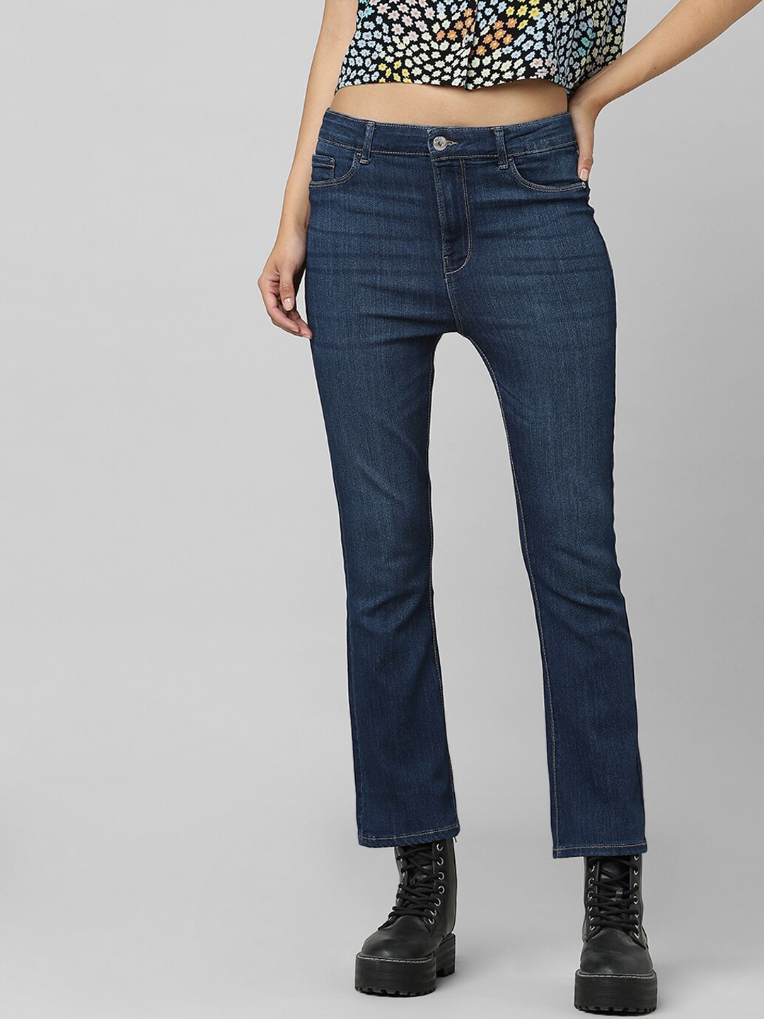 

ONLY Women Blue Flared High-Rise Low Distress Jeans
