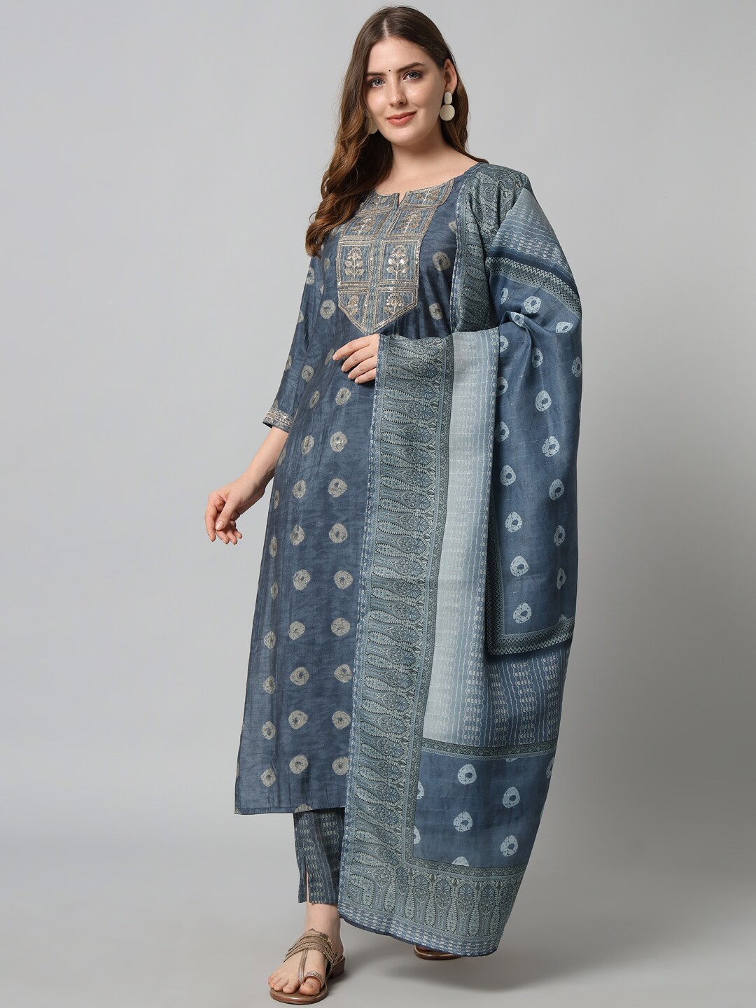 

Silai Bunai Women Navy Blue Ethnic Motifs Printed Kurta with Trousers & With Dupatta