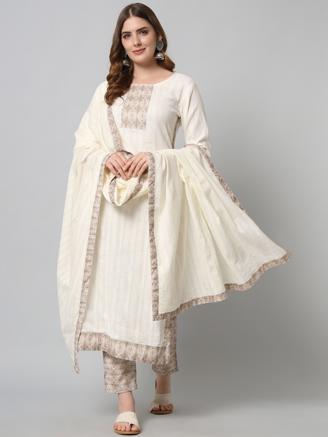 

Silai Bunai Women Off White Yoke Design Kurta with Trousers & With Dupatta