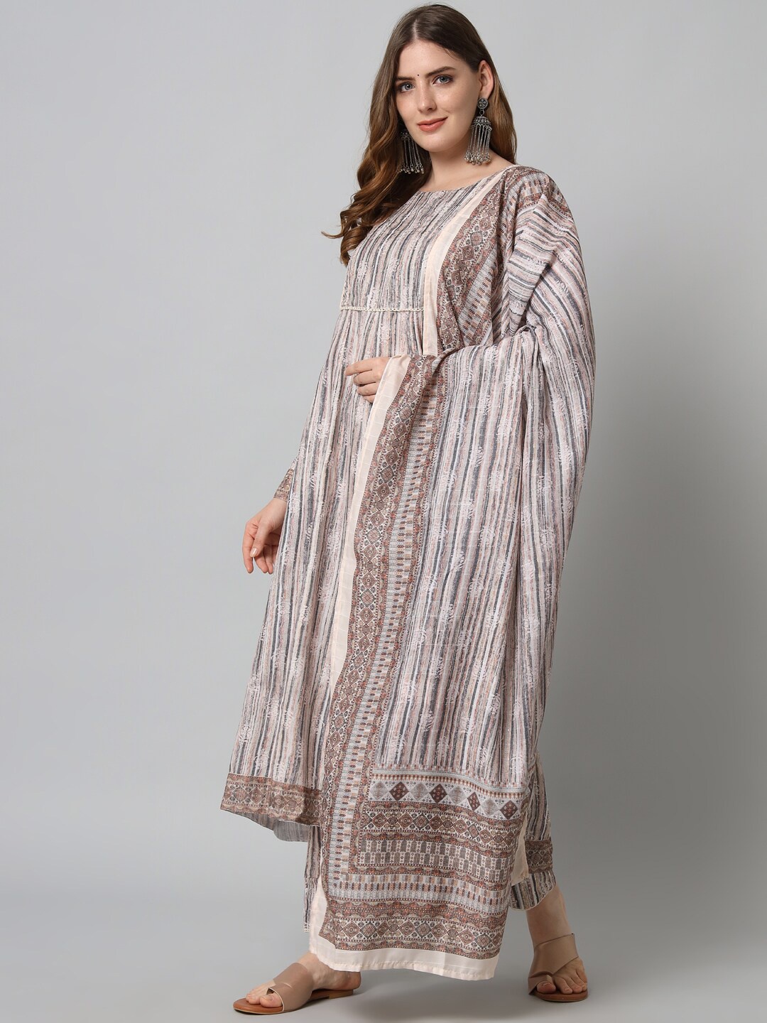 

Silai Bunai Women Brown Floral Yoke Design Kurta with Trousers & With Dupatta