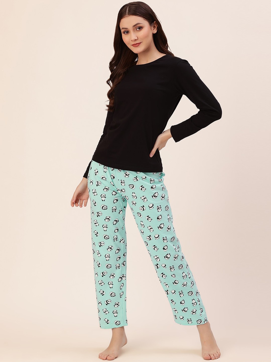

Lounge Dreams Women Black & Blue Conversational Printed Pure Cotton Night suit