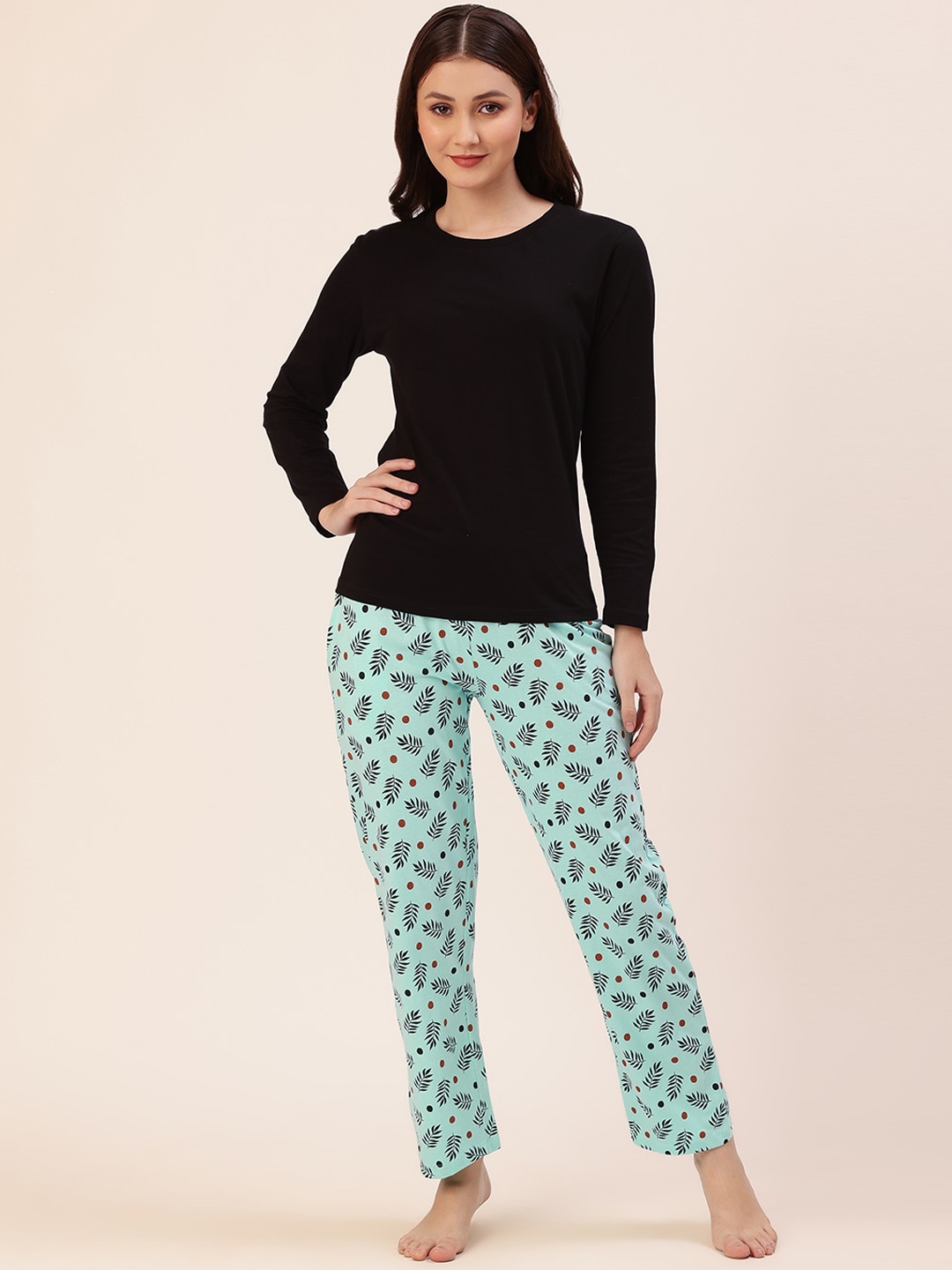 

Lounge Dreams Women Black & Blue Tropical Printed Pure Cotton Night suit