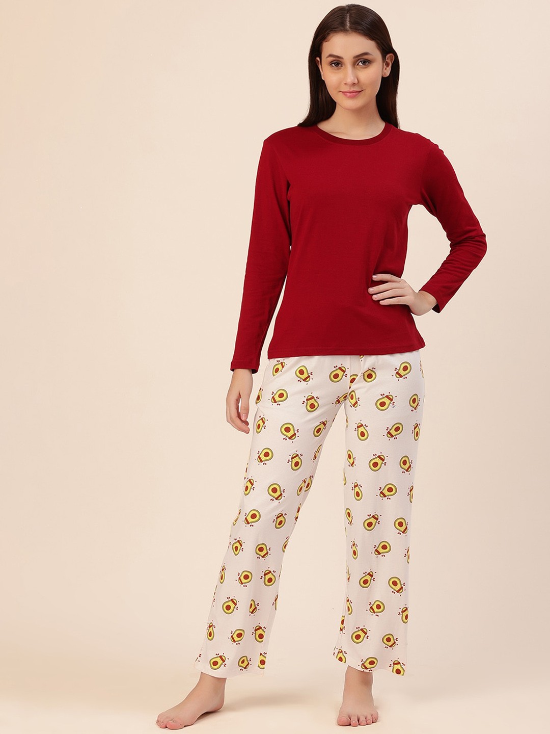 

Lounge Dreams Women Red & Beige Conversational Printed Pure Cotton Night suit