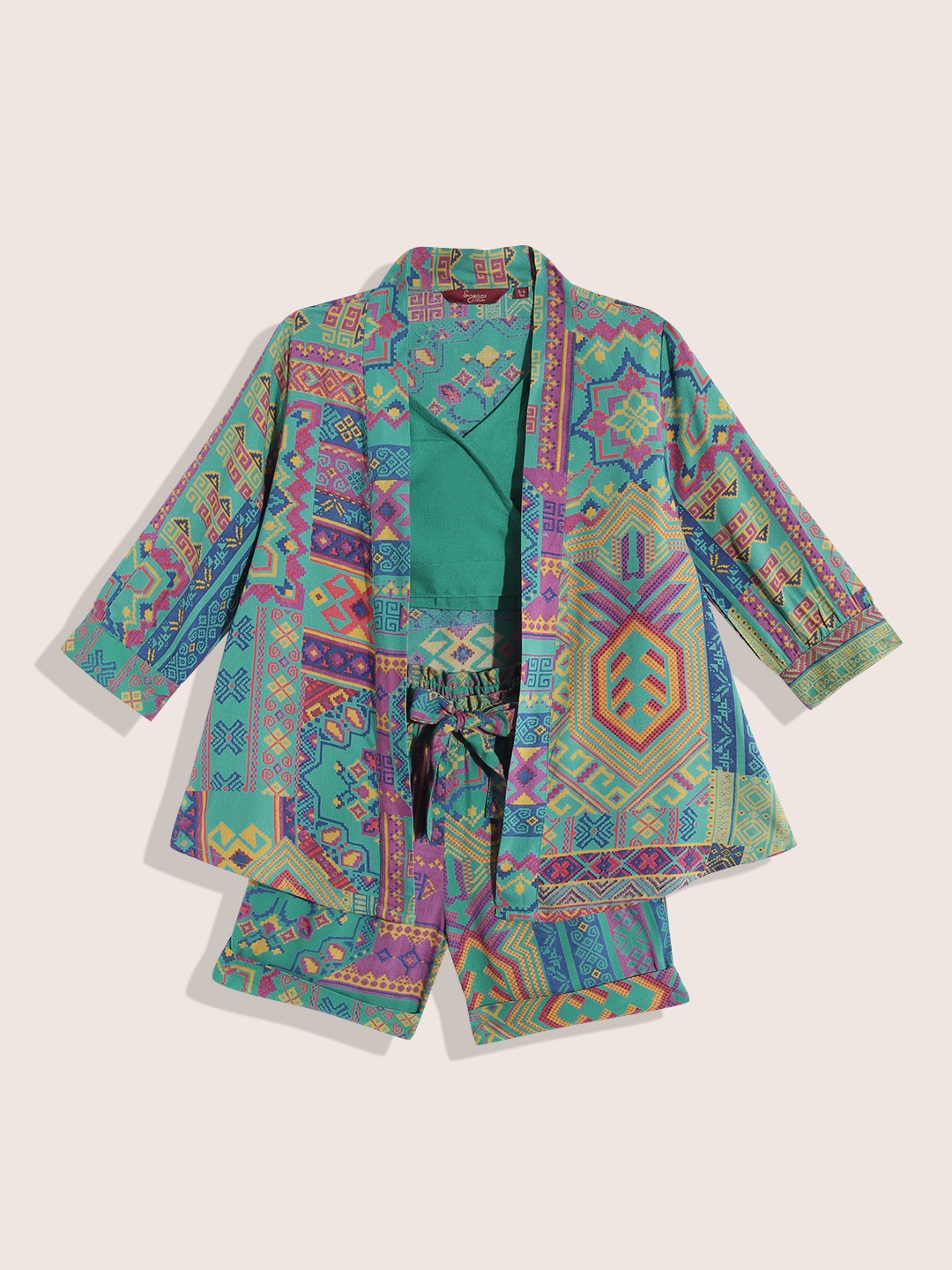 

Sangria Girls Ethnic Print Clothing Set with Jacket, Green