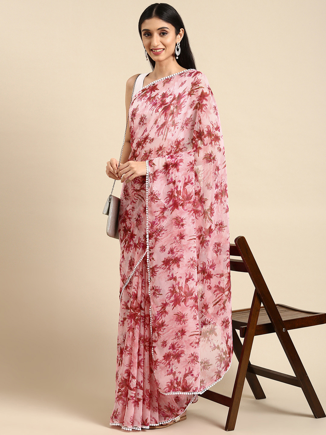 

Anouk Pink Floral Pure Chiffon Saree