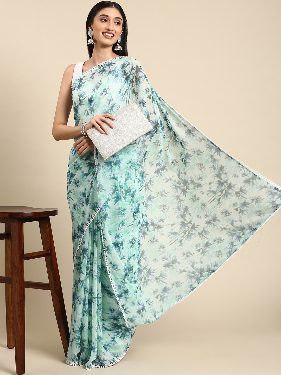 

Anouk Blue Floral Pure Chiffon Saree