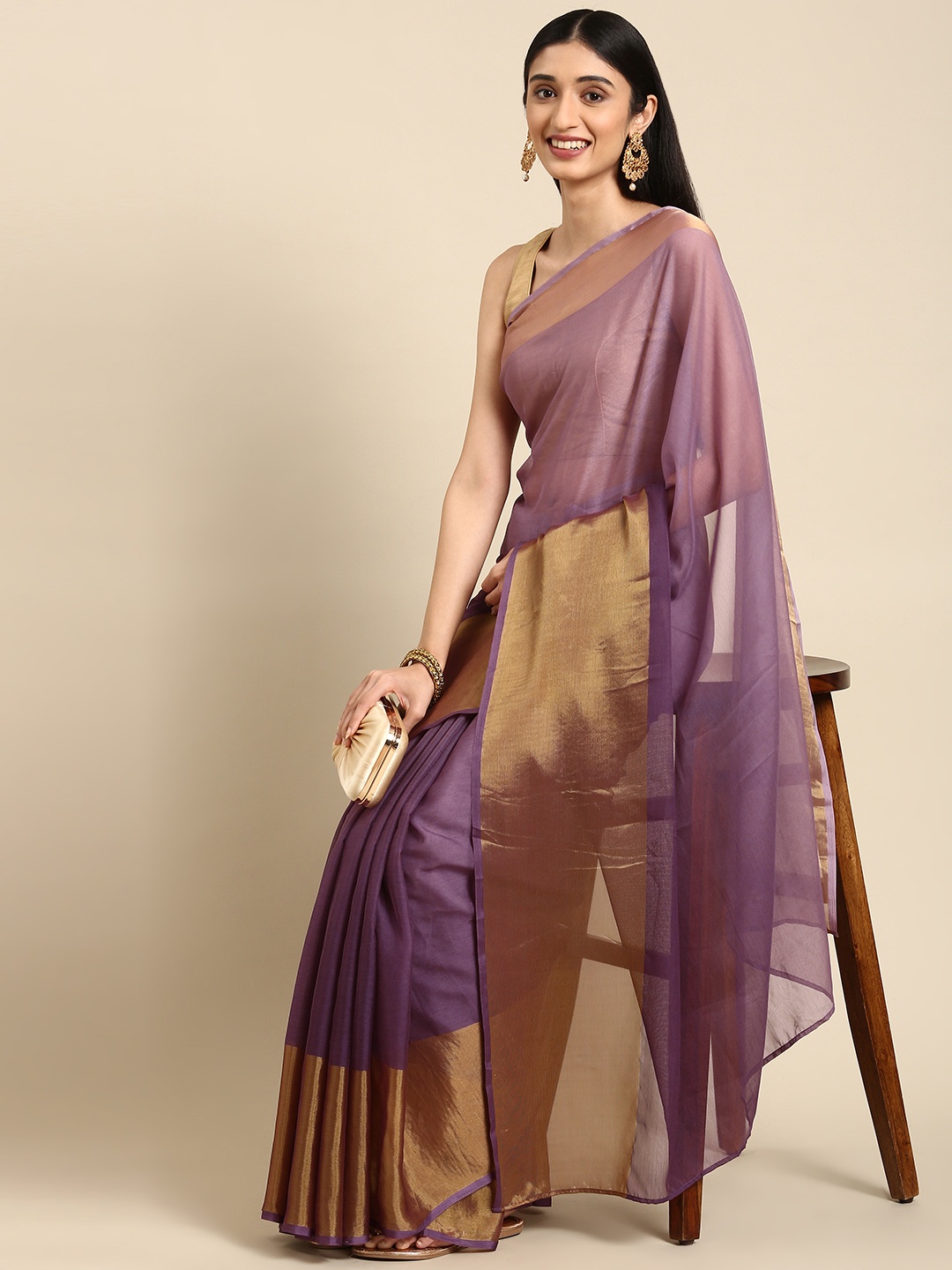 

Anouk Violet & Gold-Toned Solid Pure Chiffon Saree