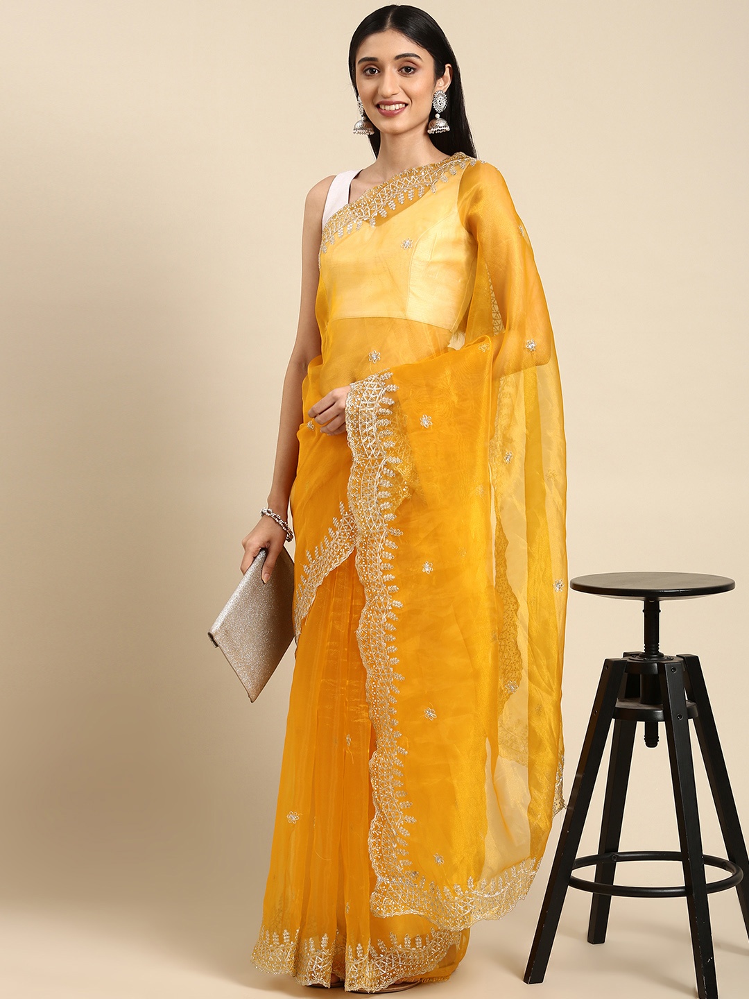 

Anouk Mustard Yellow & Silver-Toned Sequinned & Woven Design Organza Saree