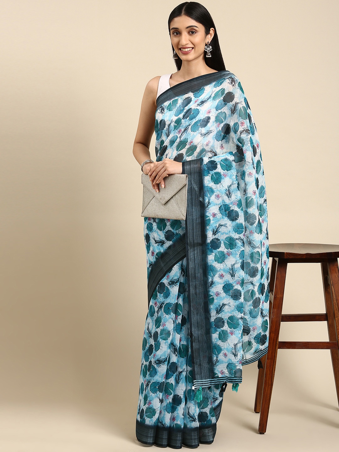 

Anouk White & Green Ethnic Motifs Print Pure Linen Saree