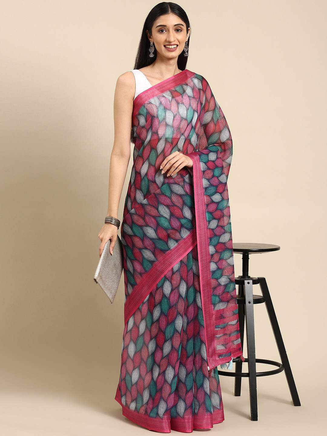 

Anouk Pink & Blue Ethnic Motifs Pure Linen Saree