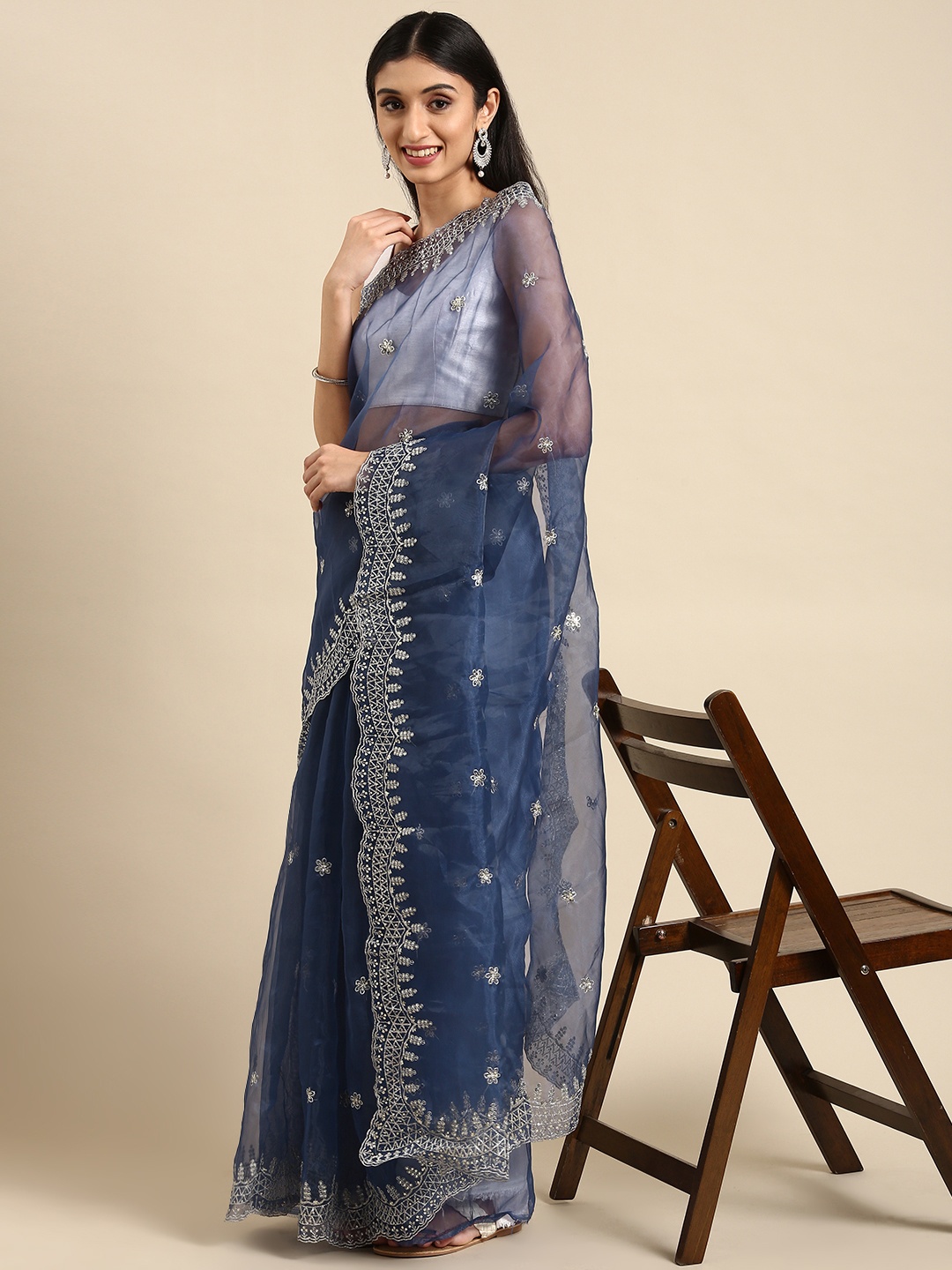 

Anouk Navy Blue & Silver-Toned Sequinned & Woven Design Organza Saree