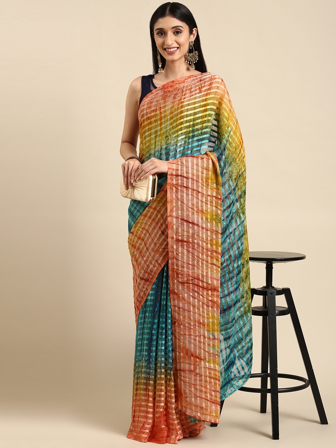 

Anouk Multicoloured Striped Tie and Dye Pure Georgette Saree, Multi