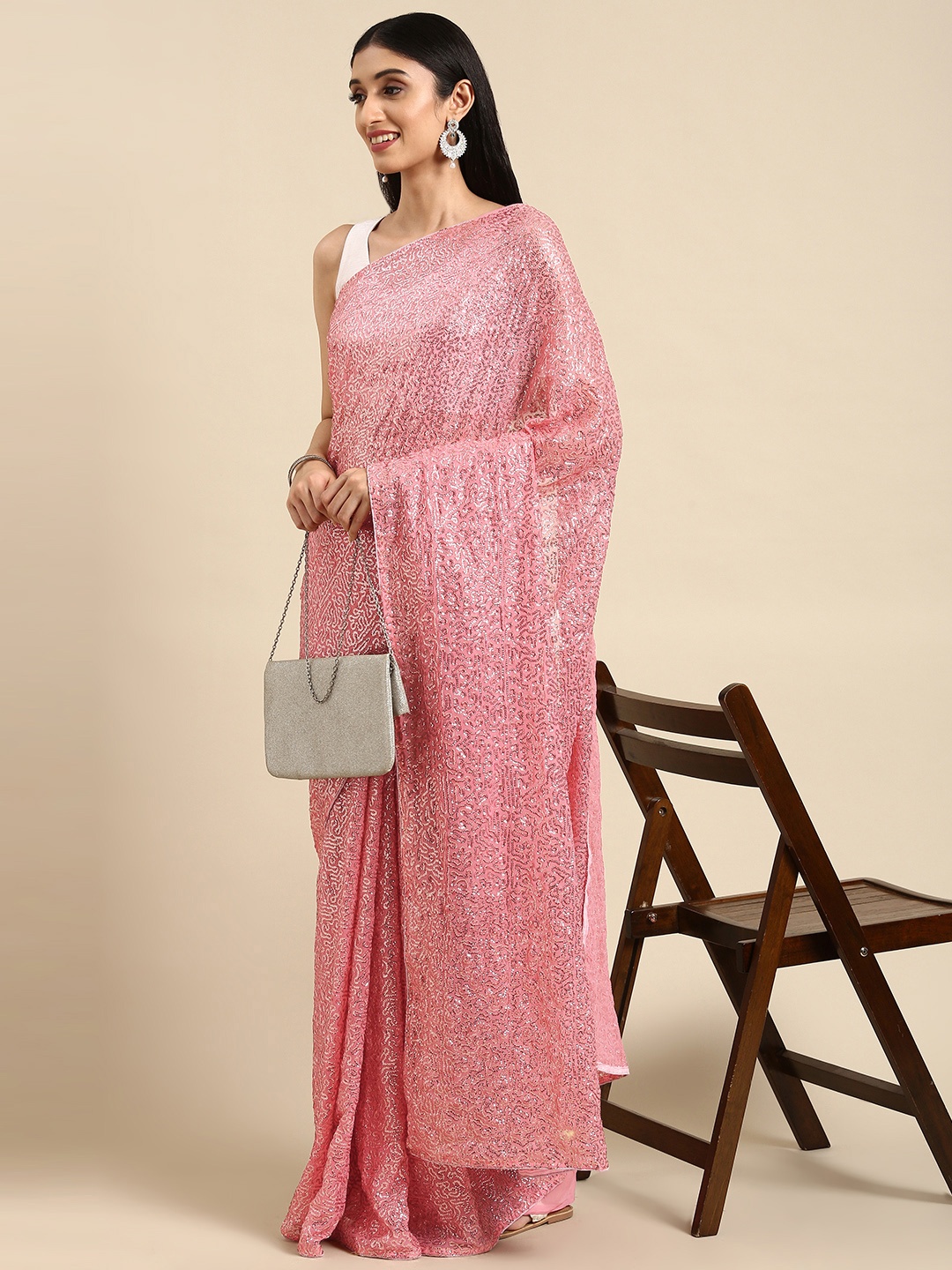 

Anouk Pink Sequinned Pure Georgette Saree