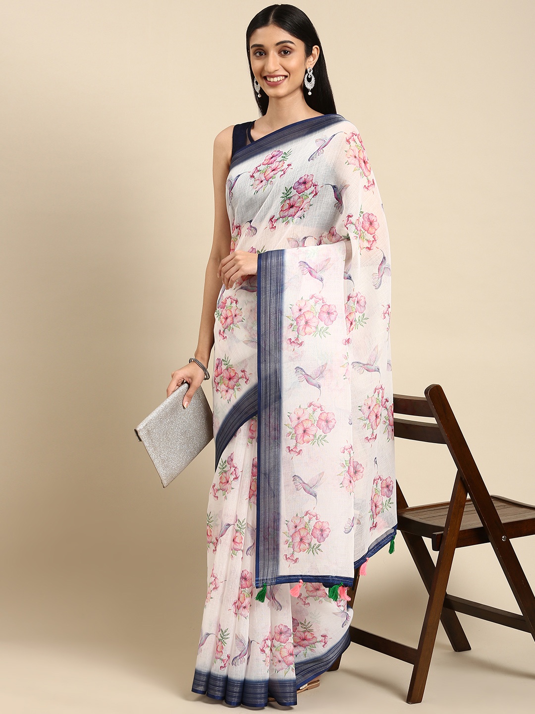 

Anouk White & Pink Ethnic Motifs Print Pure Linen Saree