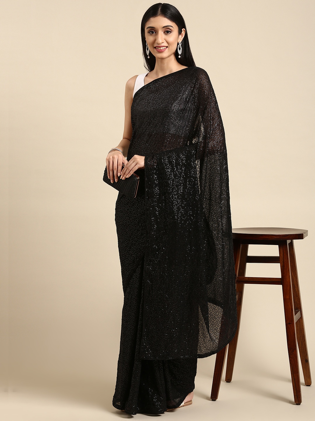 

Anouk Black Sequinned Pure Georgette Saree