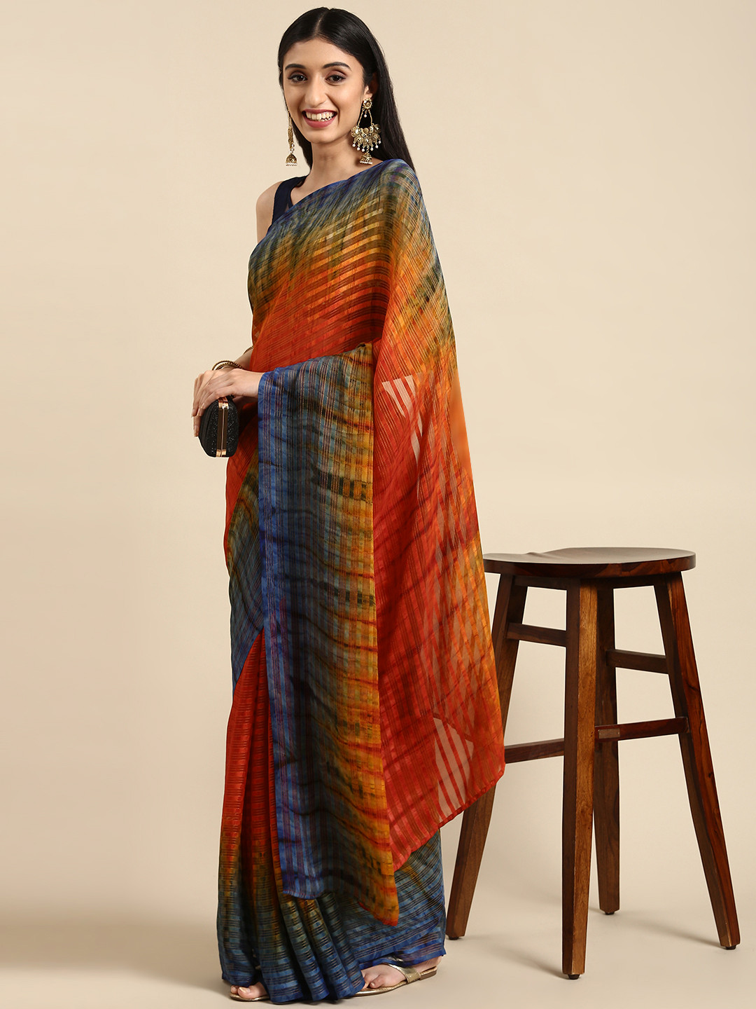 

Anouk Multicoloured Striped Tie and Dye Pure Georgette Saree, Multi