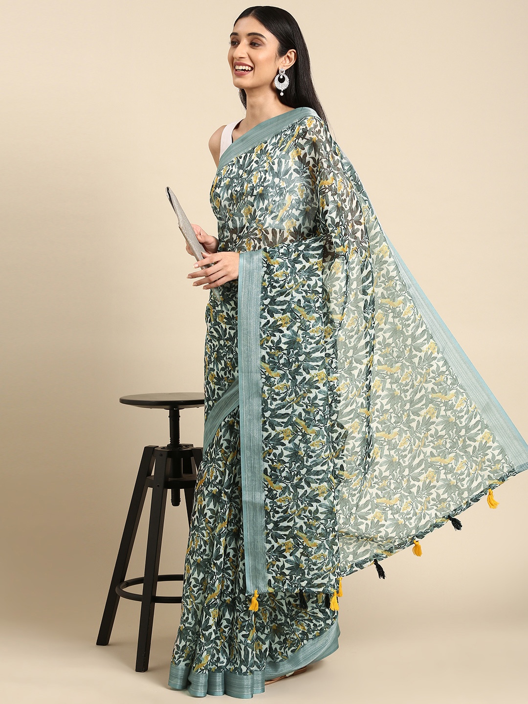 

Anouk Grey Ethnic Motifs Print Pure Linen Saree
