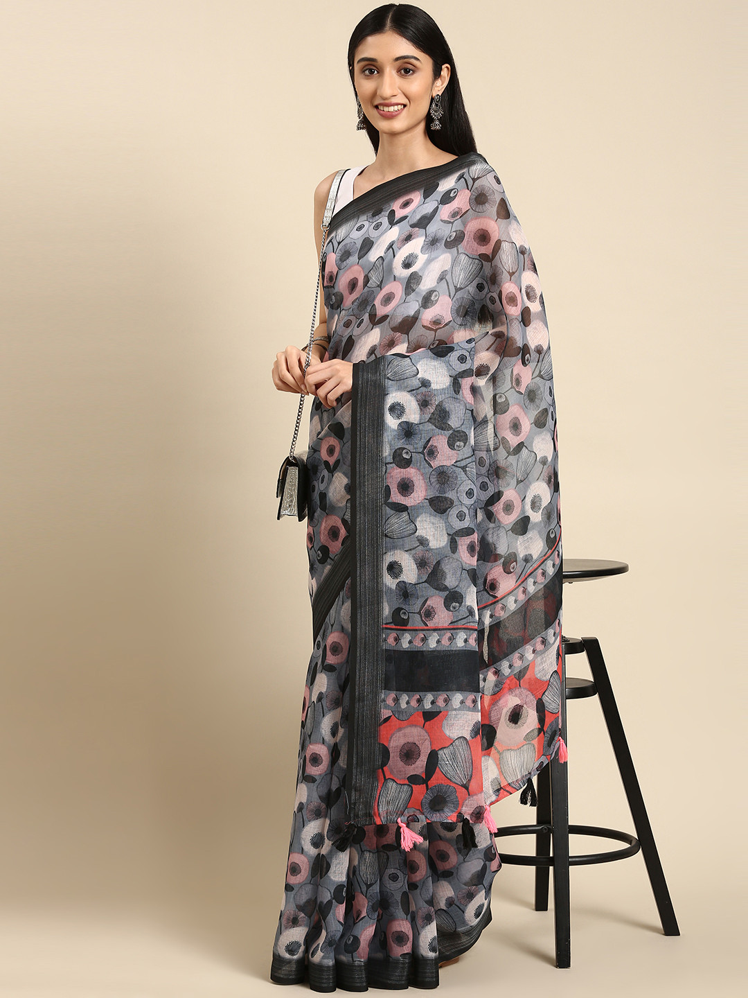 

Anouk Black & Pink Ethnic Motifs Print Pure Linen Saree