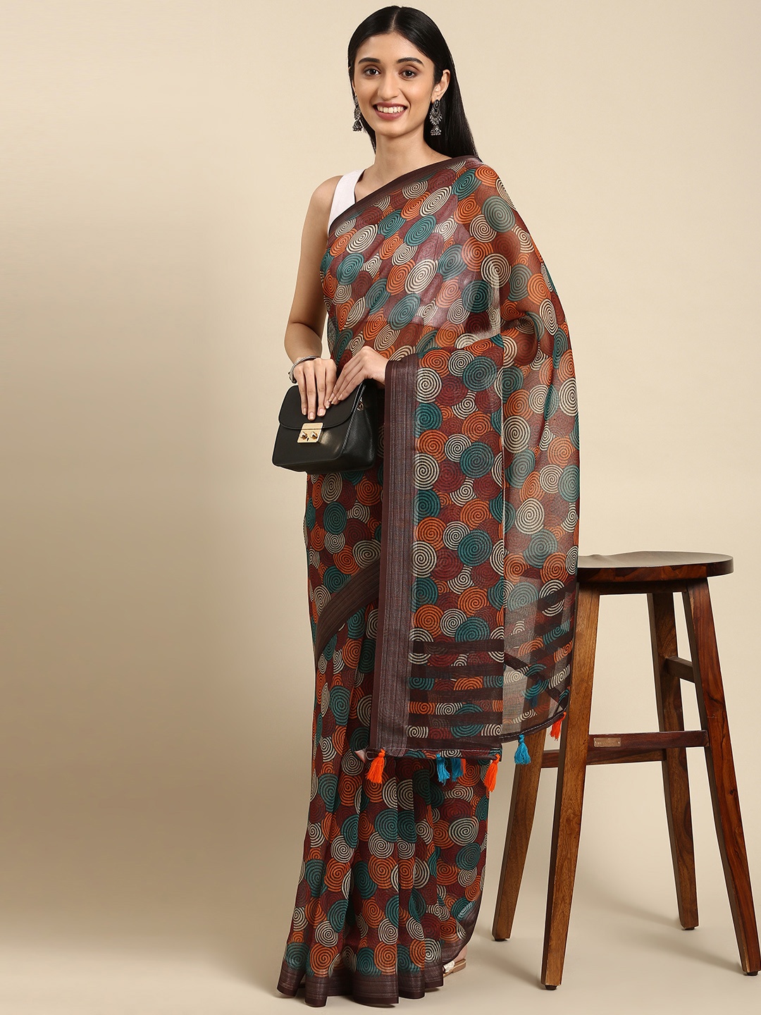 

Anouk Brown & Coral Geometric Print Pure Linen Saree