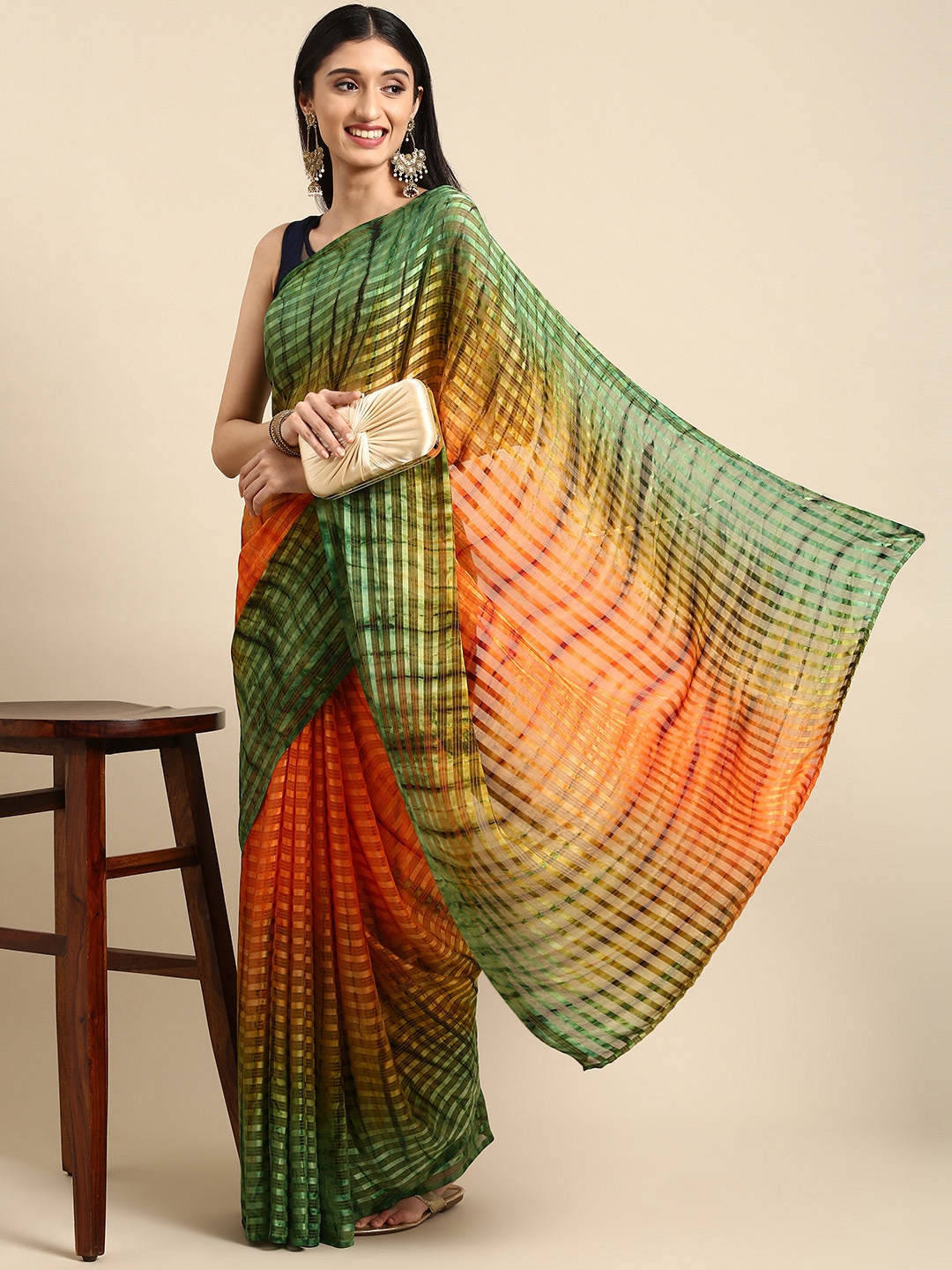 

Anouk Multicoloured Striped Tie and Dye Pure Georgette Saree, Multi